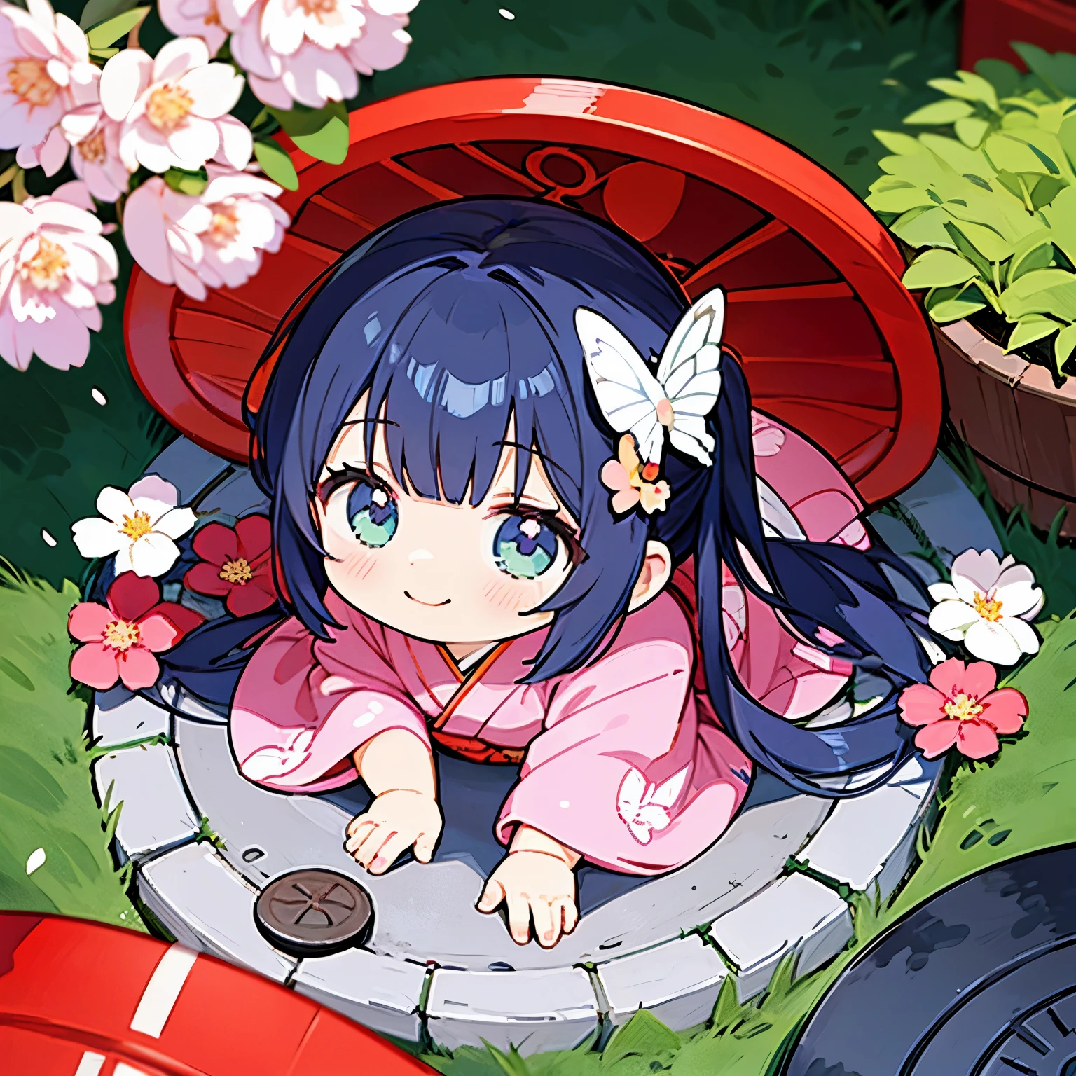 Anime characters in Japan(chibi girl、smile、kimono、butterfly hair ornament)There is a manhole cover with a、colorful