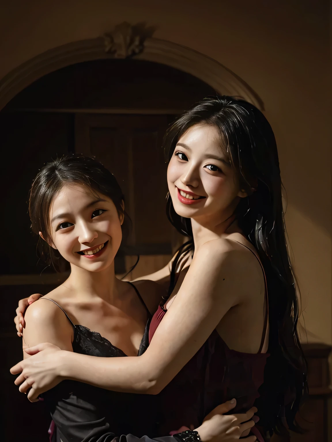 fruits,Grapes,Rosa,antique,A smile,,Sweet and seductive appearance.、Caravaggio's paintings、Chiaroscuro of Caravaggio,Two women frolicking,Cute smile, Expression of ecstasy