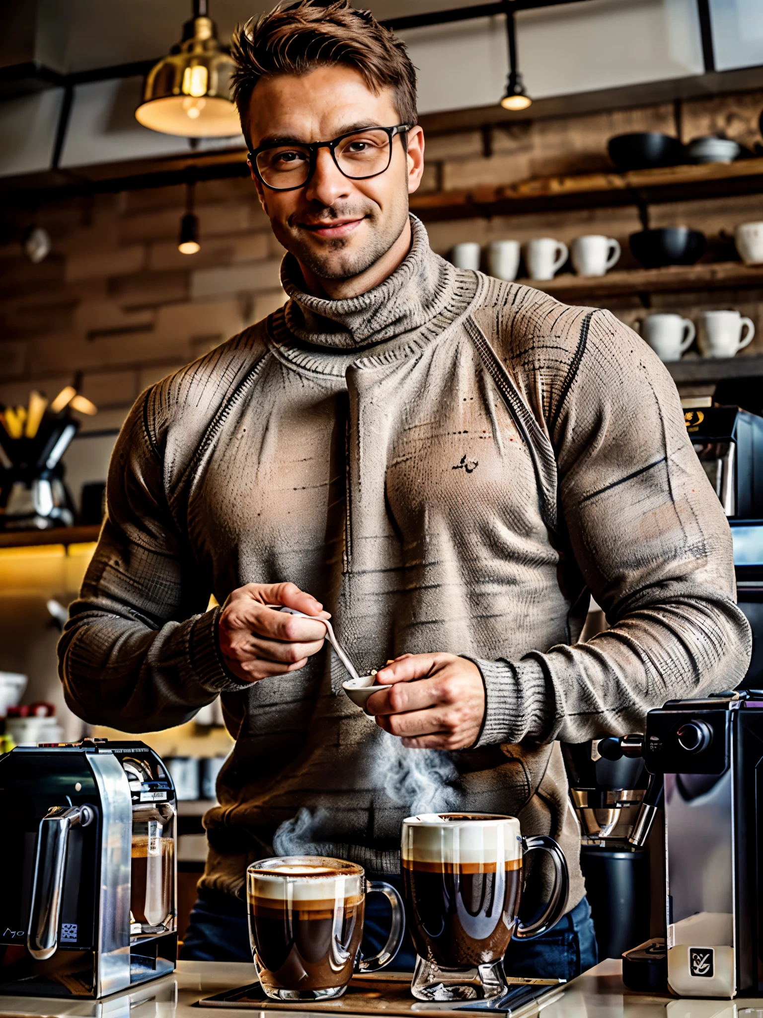 photo of a swedish man, (40 years old), stubble, wearing (see-through turtleneck sweater:1.2), CLOSE portrait kodachrome camera transparency film grain, dramatic lighting, Dark brown hair with highlights, hazel eyes, (smile:0.7), glasses, pants, cafe, (hyper-muscles), bara, coffee, blush, barista, cafe counter, cash register, espresso machine, coffee machine, (huge muscles:1.2), large pectorals, realistic, masterpiece, intricate details, detailed background, depth of field, dynamic pose