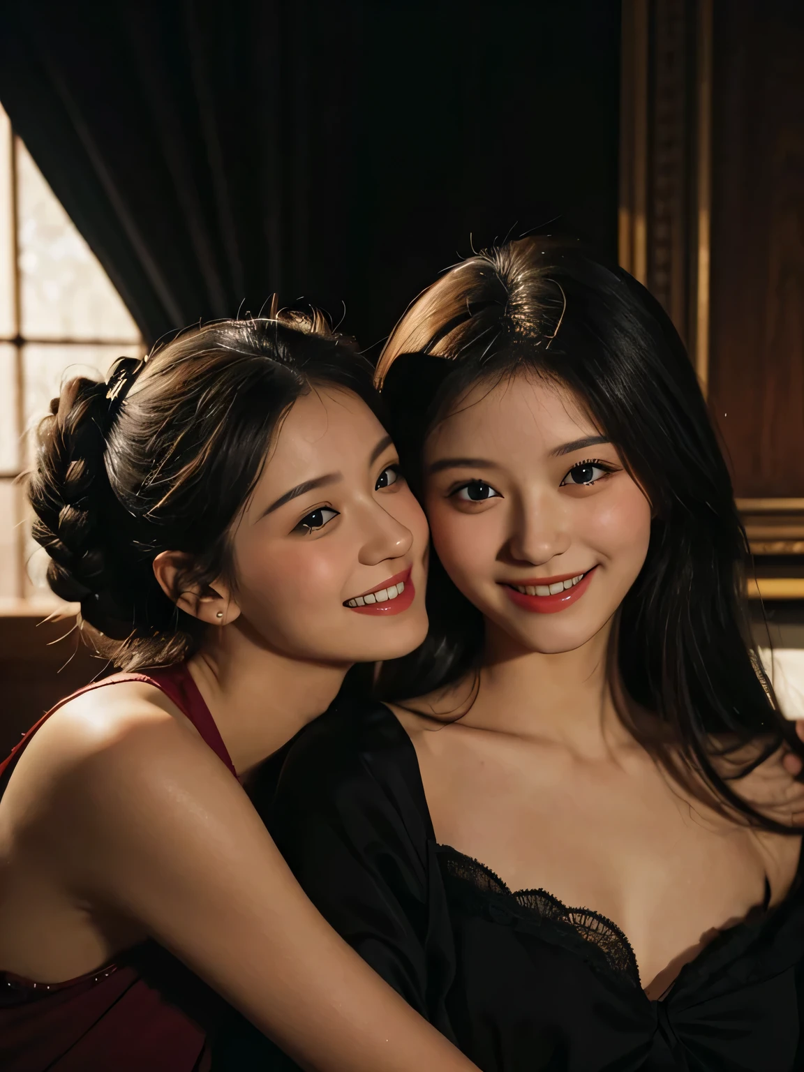 fruits,Grapes,Rosa,antique,A smile,,Sweet and seductive appearance.、Caravaggio's paintings、Chiaroscuro of Caravaggio,Two women frolicking,Cute smile, Expression of ecstasy