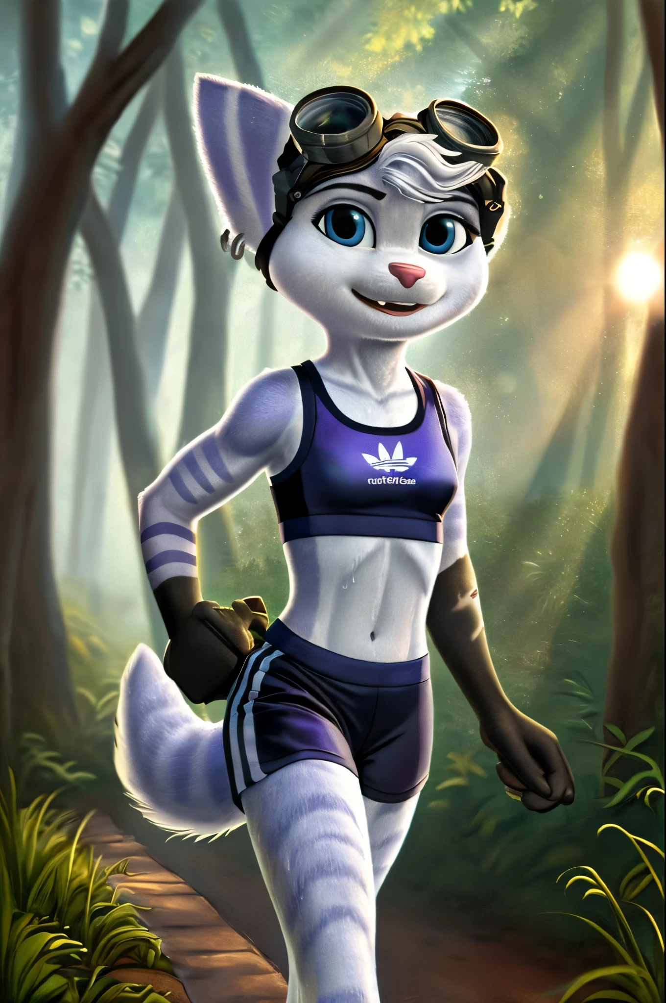 Rivet, tail, furry girl, young,adidas nylon gym shorts, adidas nylon sports bra , adidas sports shoues, forest trail, morning sun, detailed body fur, detailed body, detailed eyes, detailed face, wet fur, skinny, high quality, masterpiece, small breasts, goggles, :D, looking at you, full body,