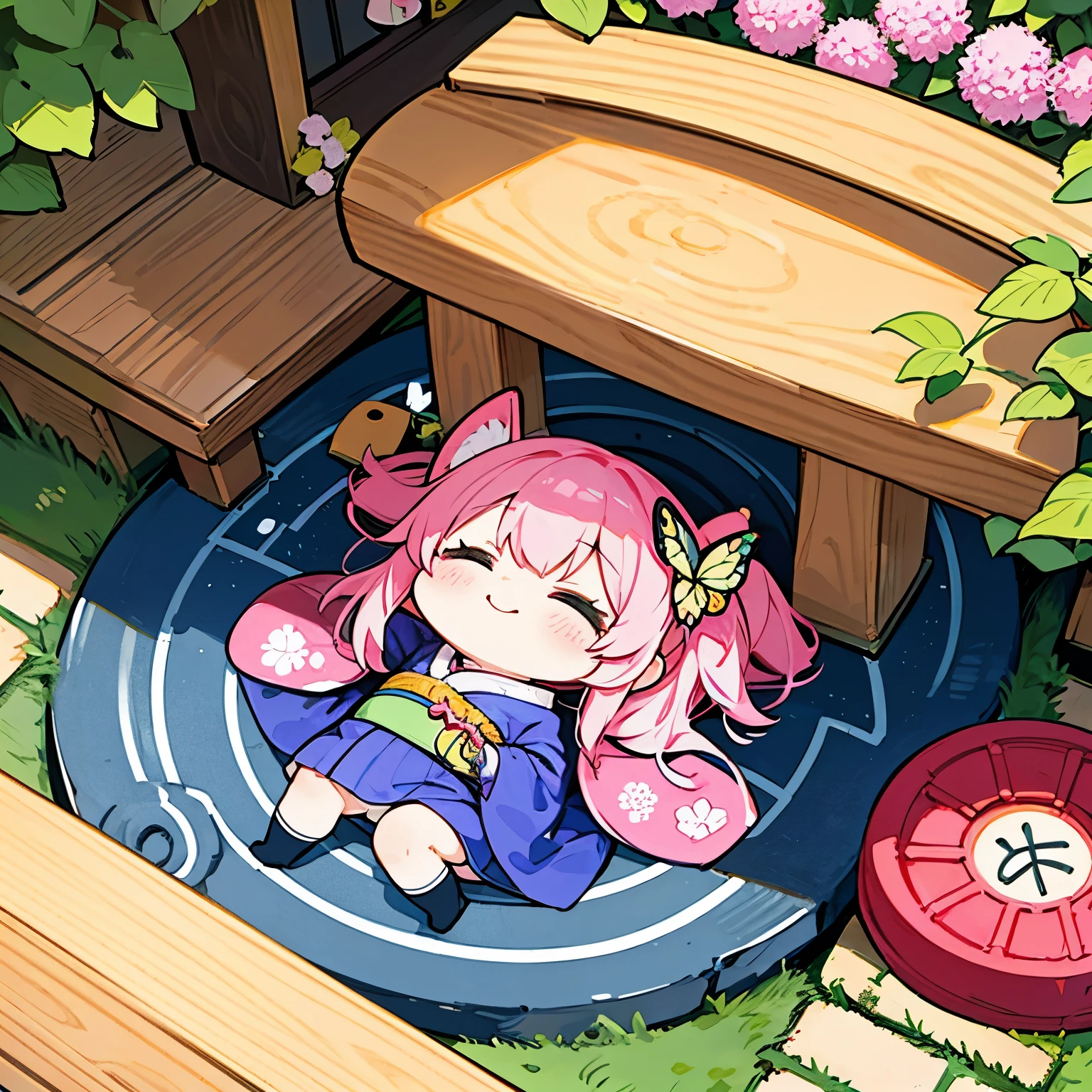 Anime characters in Japan(chibi girl、smile、kimono、butterfly hair ornament)There is a manhole cover with a、colorful