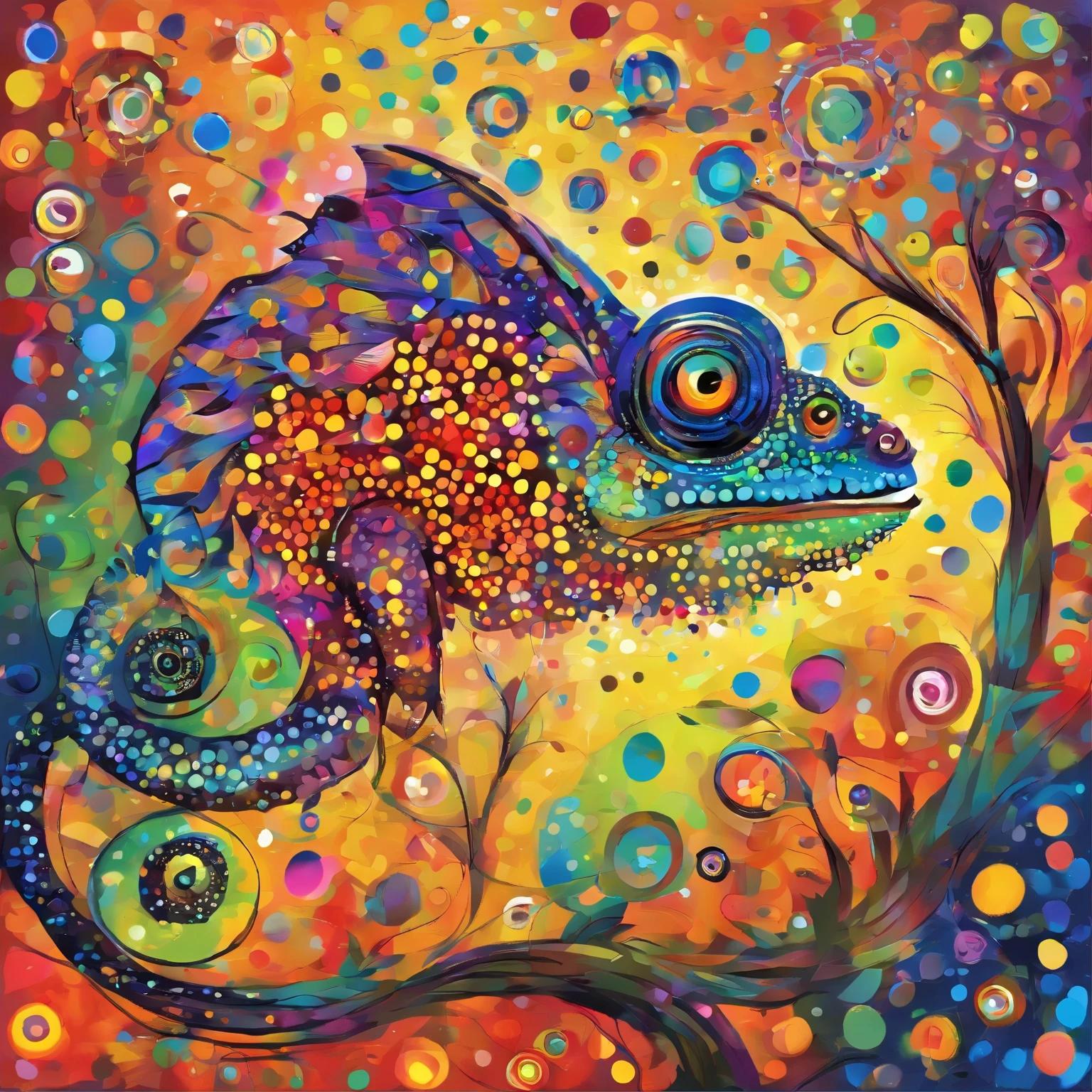 (Masterpiece, BestQuality:1.3),Ultra high resolution painting, (Abstract Dot Painting:1.3),Numerous circles and dots of different sizes, (Mysterious:1.3),Fantastic colorful chameleon, comical movement, A chameleon stuck to a tree in the forest changes to a calm, natural color tone. Sparkling forest fairies