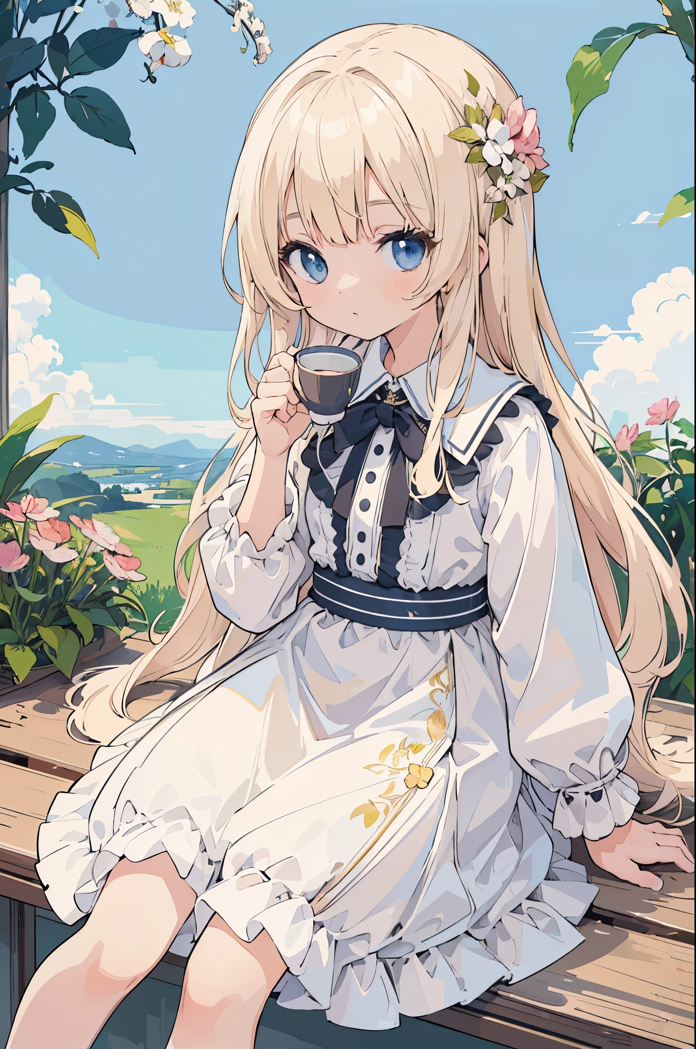 (high quality illustration:1.2)、(Young woman too:1.0)、(single:1.0)、(Clothes with new designs:1.0)、(Clothes designed like the characters in the game:1.0)、(upper body:1.0) 、high resolution、4k:1.0)、light cream colored hair、white dress,young girl,Sitting and sipping tea