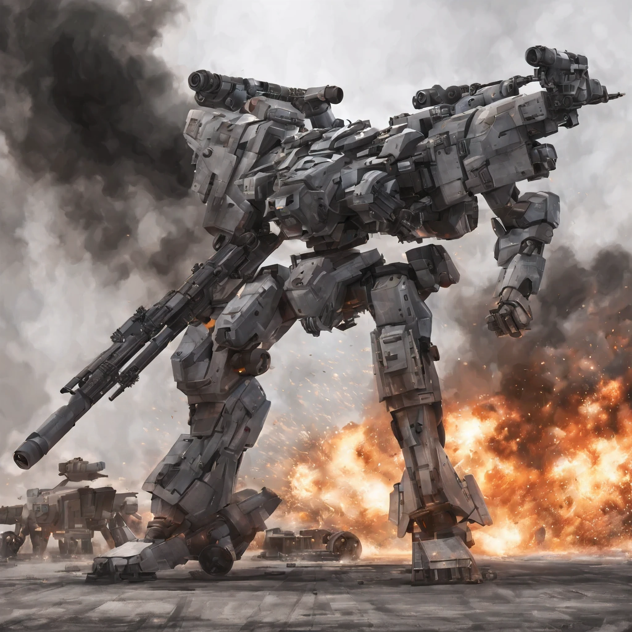 A giant robot is standing, rifle, missile pod, machine gun, Huge cannon, very detailed, battlefield, fire, cigarette, explosion, armored core style,