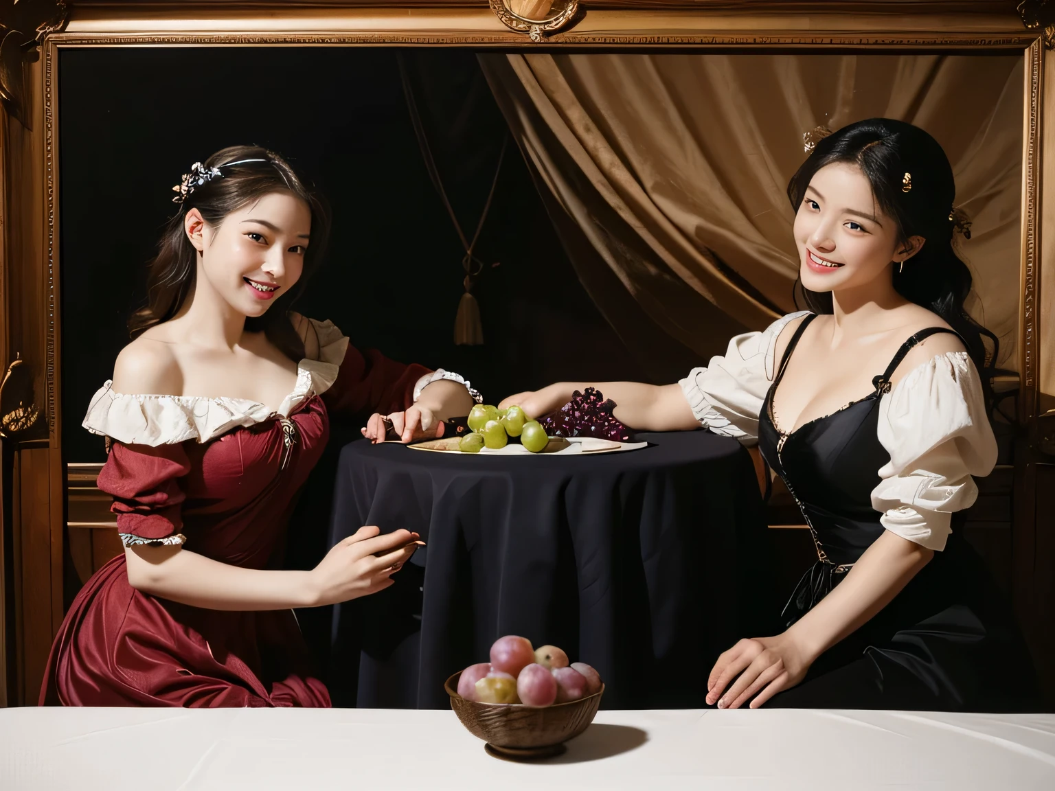 fruits,Grapes,Rosa,antique,A smile,,Sweet and seductive appearance.、Caravaggio's paintings、Chiaroscuro of Caravaggio,Two women frolicking,Cute smile, Expression of ecstasy