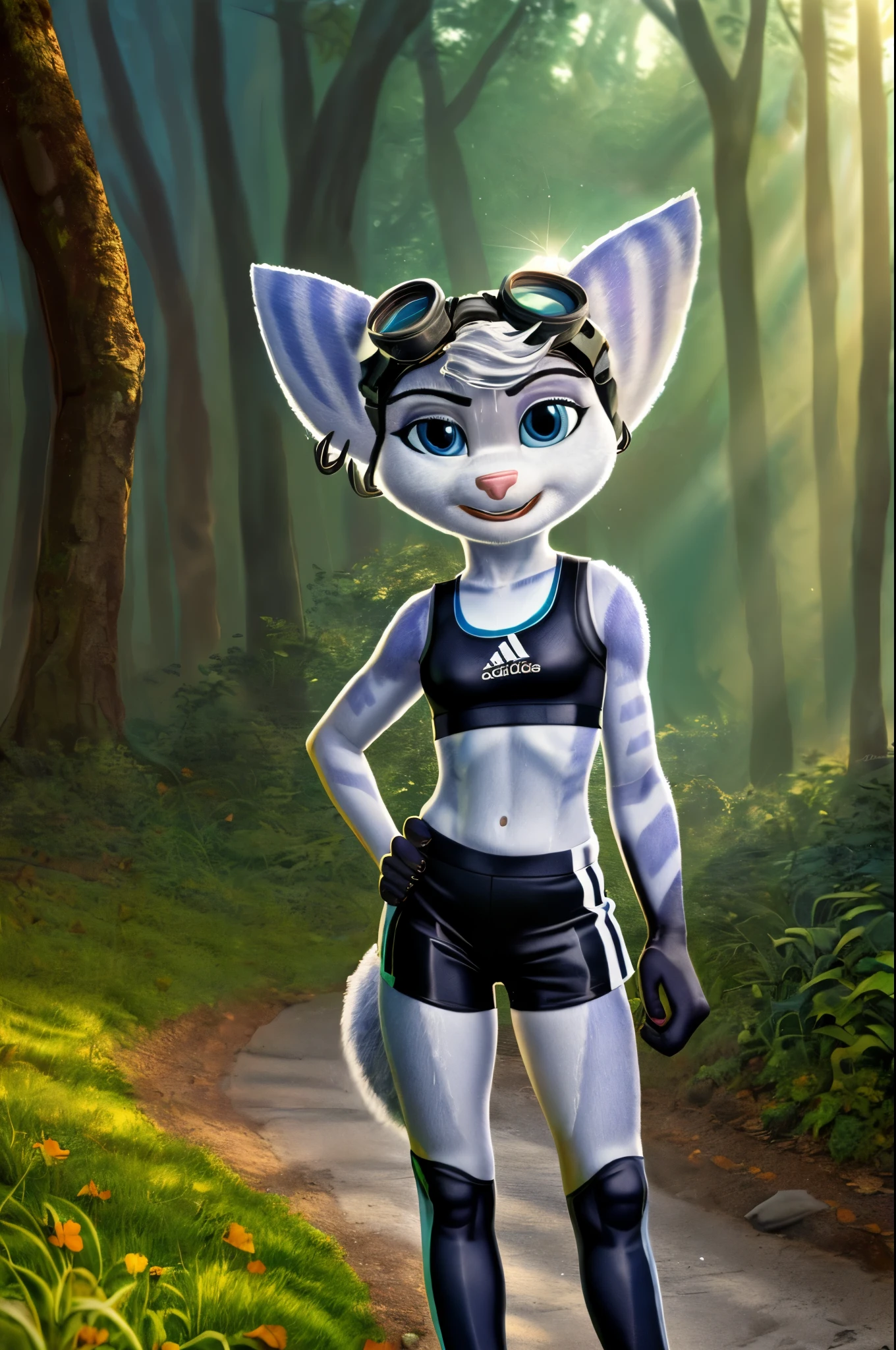 Rivet, tail, furry girl, young,adidas nylon gym shorts, adidas nylon sports bra , adidas sports shoues, forest trail, morning sun, detailed body fur, detailed body, detailed eyes, detailed face, wet fur, skinny, high quality, masterpiece, small breasts, goggles, :D, looking at you, full body,