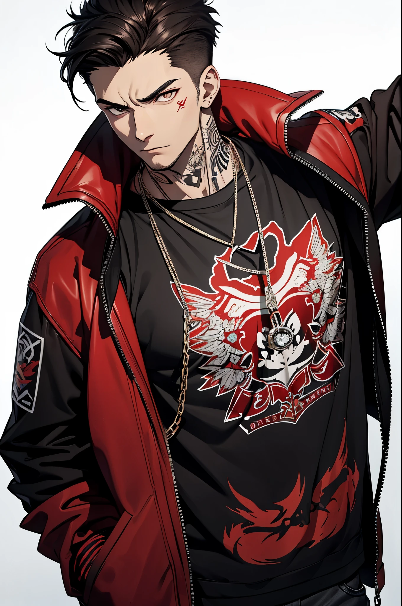 young guy, he prefers to wear casual clothes, in which shades of red predominate. Numerous tattoos of various themes are visible on his body - from abstract patterns to symbols of strength and rebellion.. dark hair. athletic. A pendant or chain can hang around your neck, complementing his youthful and stylish image. His facial expression and posture may be a little tense and tense, he himself is quick-tempered and looks aggressive, aggressive look.