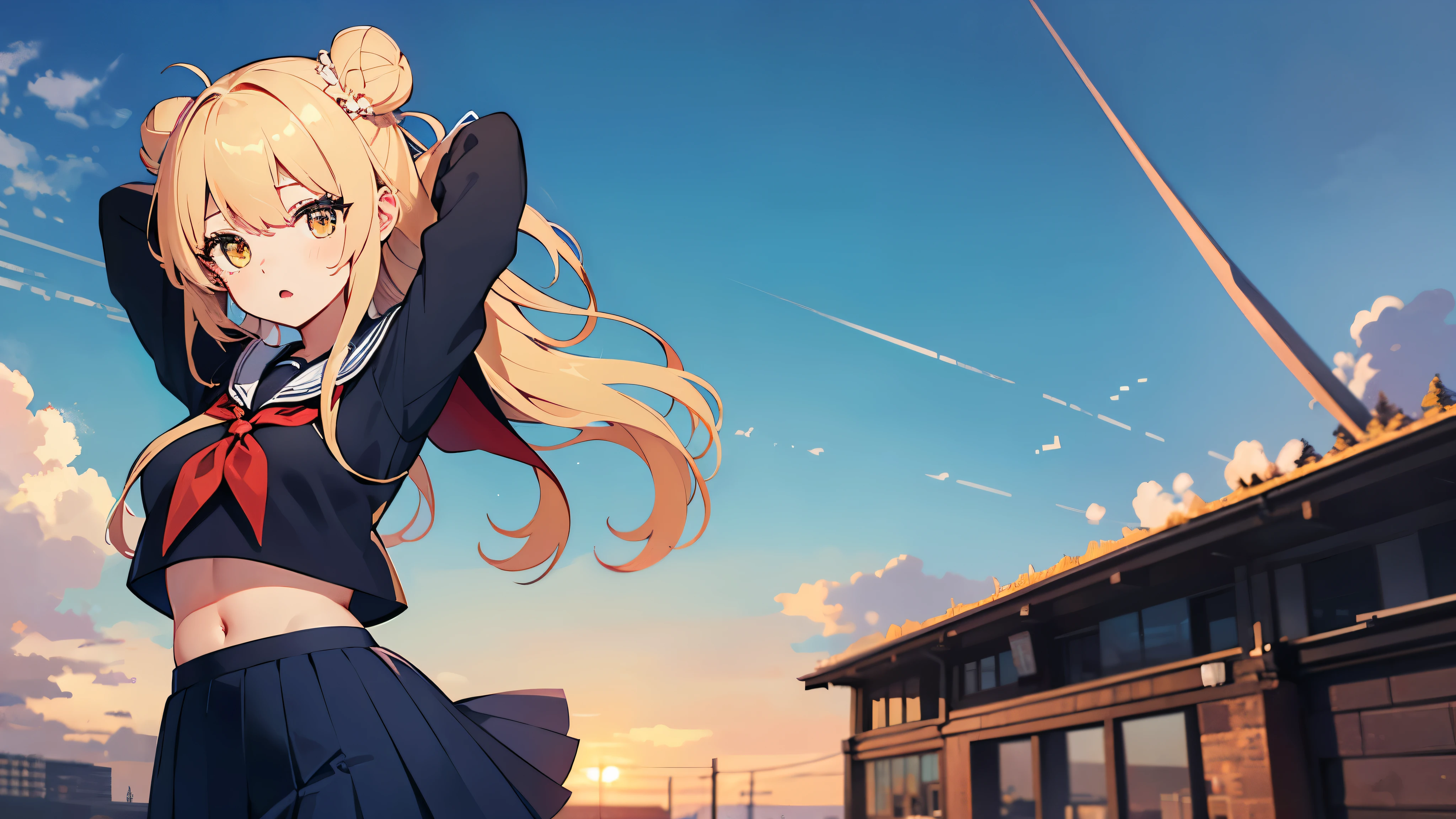 himikotoganova, (1girl, solo), blonde hair, double bun, messy hair, bangs, (perfect eyes, yellow eyes), serafuku, bags under eyes, (close mouth), blue skirt, long sleeves, red neckerchief, breasts, arms behind head, looking at viewer,