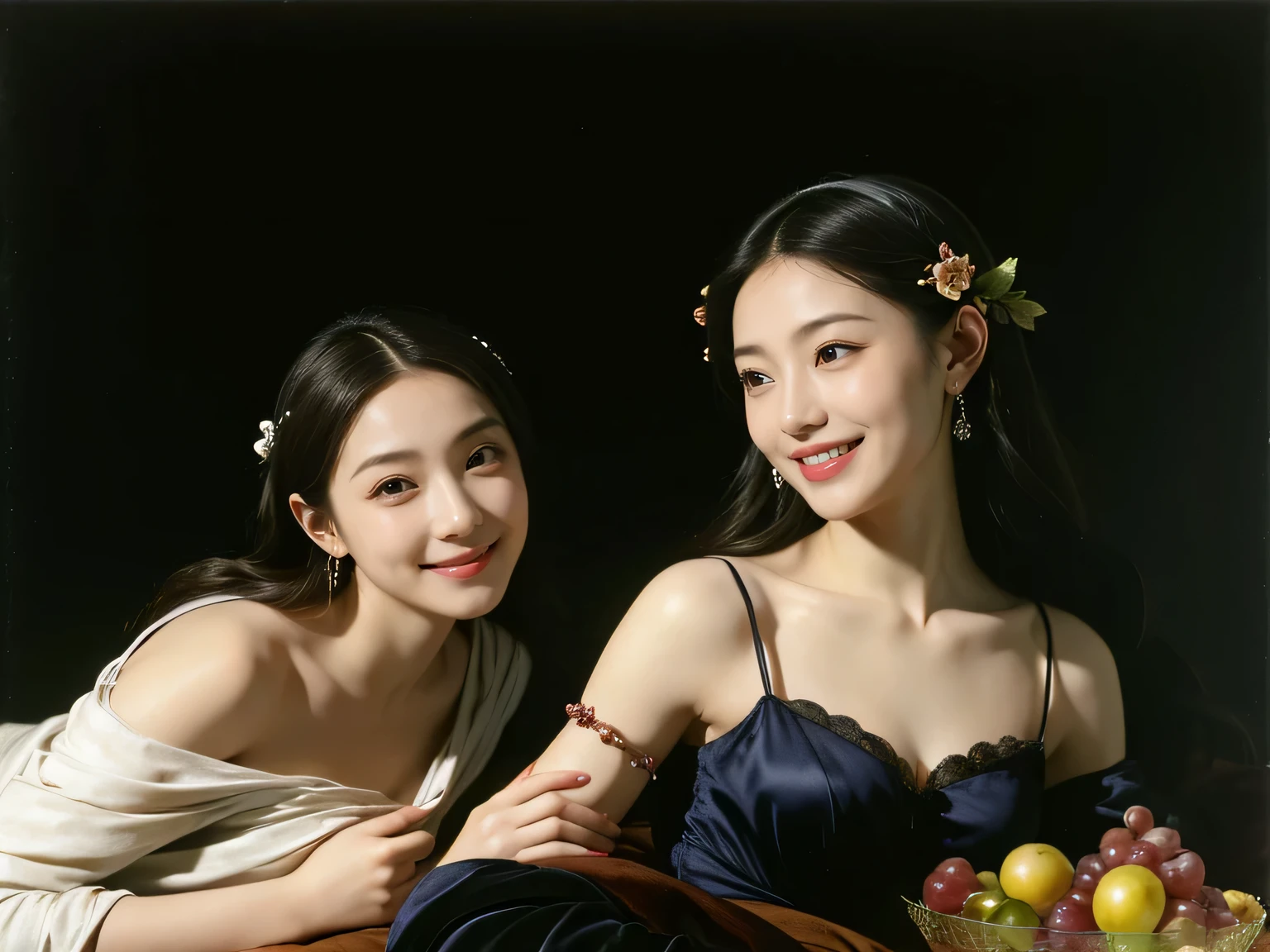 fruits,Grapes,Rosa,antique,A smile,,Sweet and seductive appearance.、Caravaggio's paintings、Chiaroscuro of Caravaggio,Two women frolicking,Cute smile, Expression of ecstasy