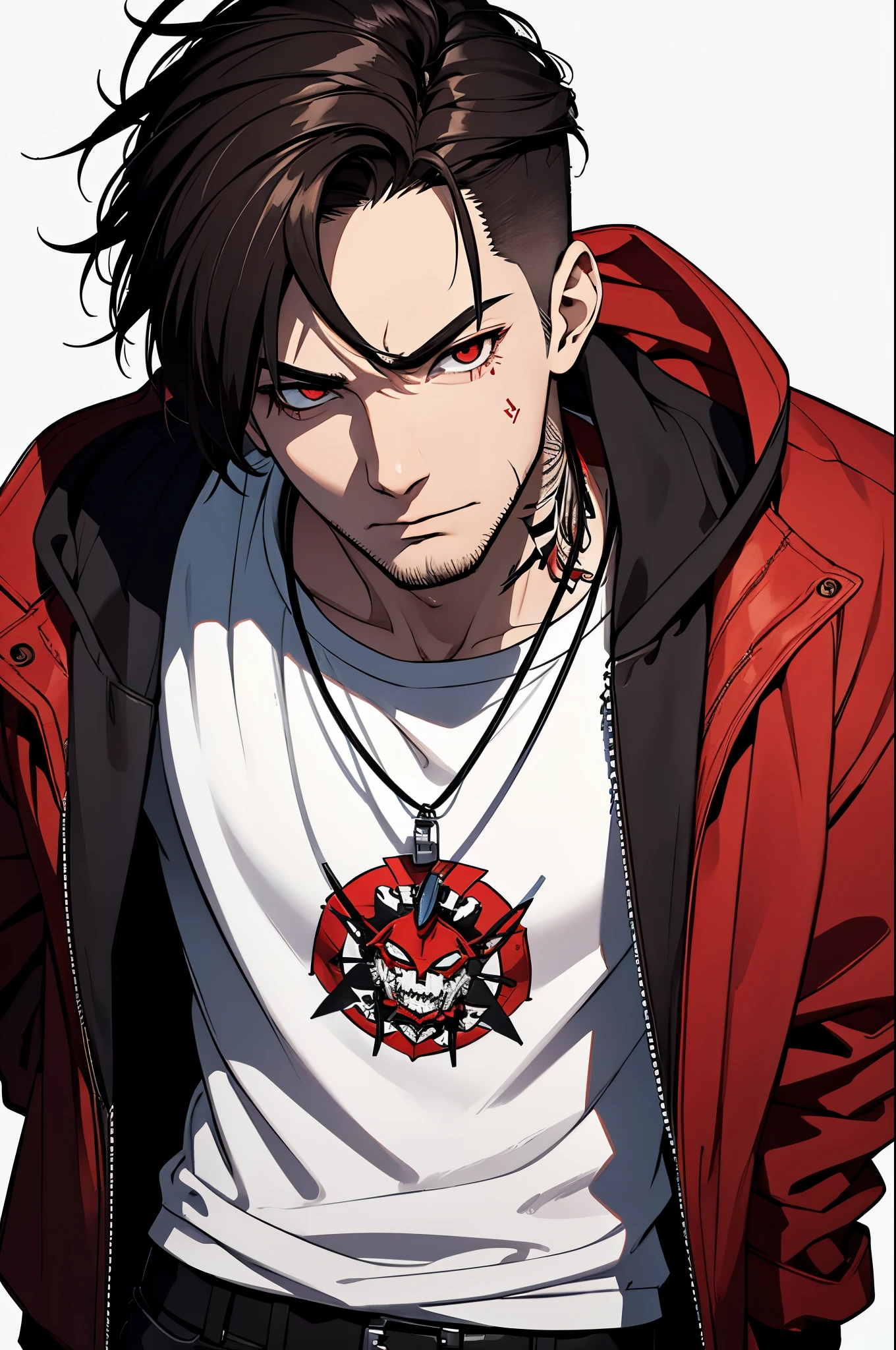 young guy, he prefers to wear casual clothes, in which shades of red predominate. Numerous tattoos of various themes are visible on his body - from abstract patterns to symbols of strength and rebellion.. dark hair. athletic. A pendant or chain can hang around your neck, complementing his youthful and stylish image. His facial expression and posture may be a little tense and tense, he himself is quick-tempered and looks aggressive, aggressive look.