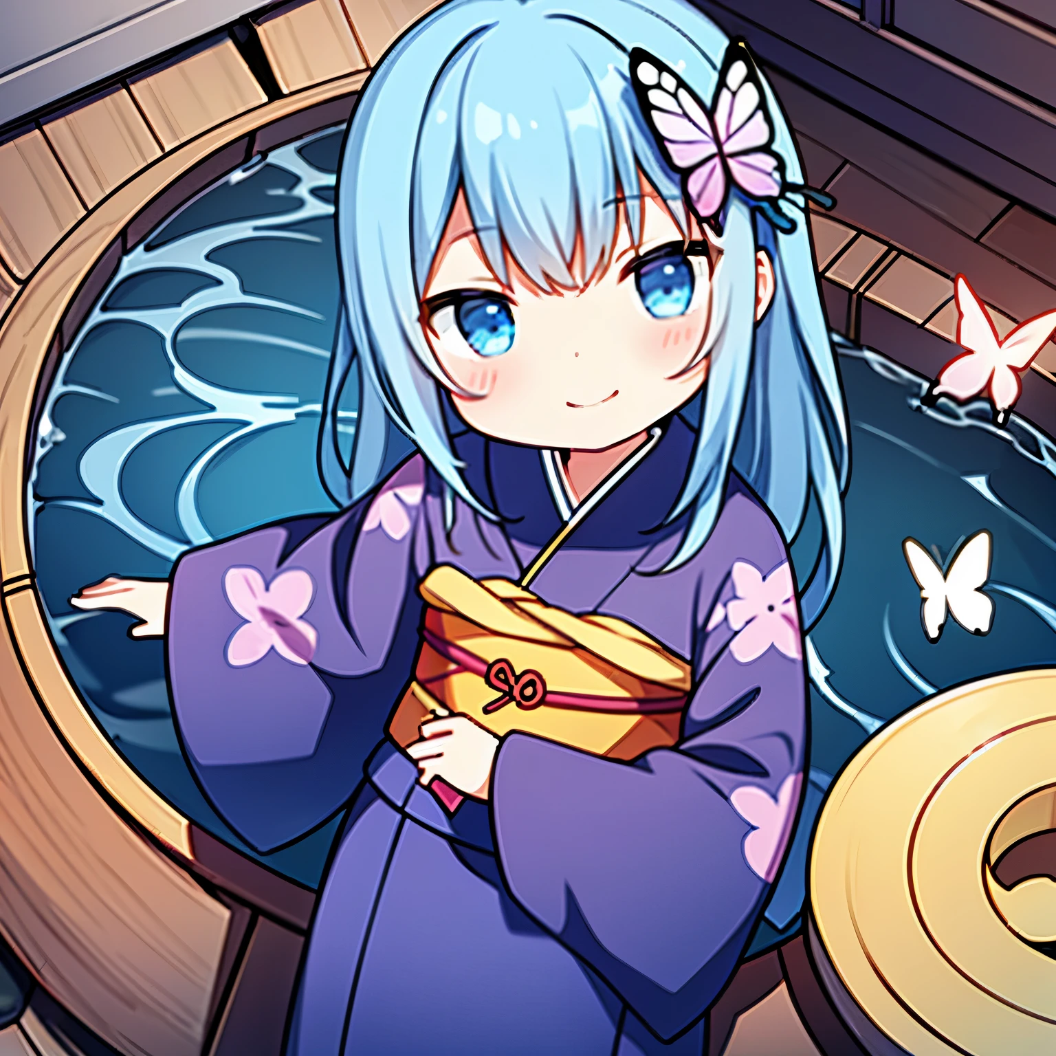 Anime characters in Japan(chibi girl、smile、kimono、butterfly hair ornament)There is a manhole cover with a、colorful