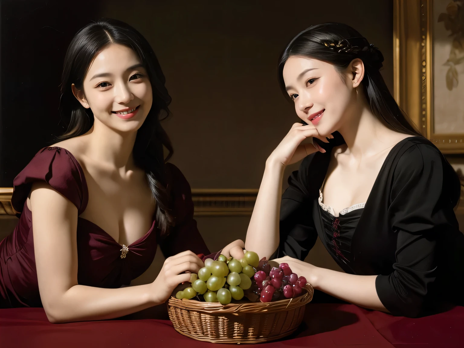 fruits,Grapes,Rosa,antique,A smile,,Sweet and seductive appearance.、Caravaggio's paintings、Chiaroscuro of Caravaggio,Two women frolicking,Cute smile, Expression of ecstasy