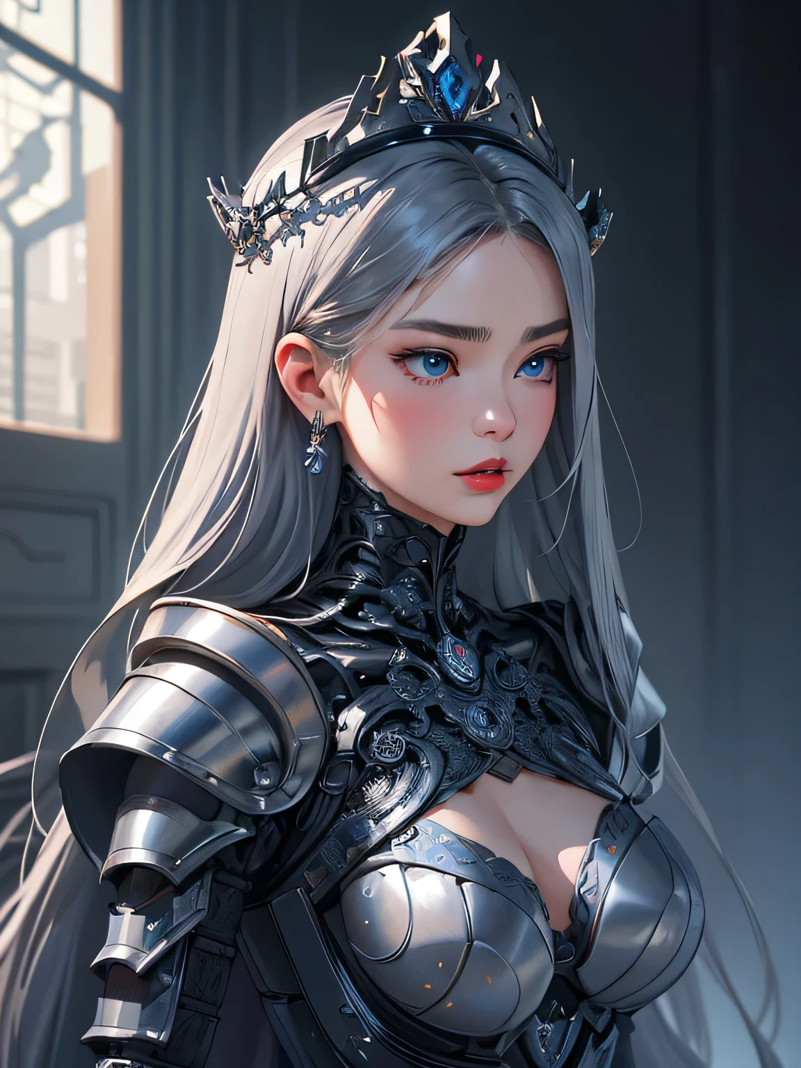 Masterpiece of digital photography, best quality, 8K resolution, showcasing a realistic portrait of a 16-year-old girl. Dressed in a combination of Korean fashion design and cybergothic elements, her blue eyes pierce through the intricately detailed, elegant, and highly detailed blue-gray gradient long hair. The crown of evil sits atop her head, adorned with a black dress and a silver metal exoskeleton armor, its openwork design intricately knitted with mechanical structures and intricate hollow armor. Her power armour boasts an openwork design and reflects the numerous metallic textures in its oc rendered surface. In a solemn pose, her red lips