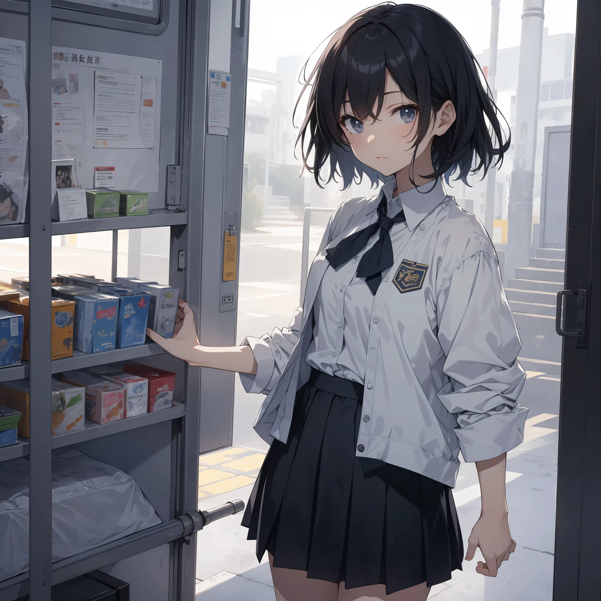 Ultra-highest quality by the art god, super detailed, High resolution, anime moe art style, Best Anime 8K Kona-chan Wallpaper, pixiv contest winner, perfect anatomy, break,(眠そうにalone学校へ行く女の子を描いてください. )break, 1 girl, (alone,little woman, , :1.3),All limbs, full finger,, The charm of an immature body, (very short hair), flat chest, small ass, between legs, small black eyes, detailed and beautiful eyes, Well-proportioned iris and pupils, expressive eyes, High resolutionの詳細な髪, ribbon, skirt, collared shirt, Ascot, pleated skirt, school uniform, shirt, white shirt, school bag,(detailed lighting), (detailed background), On the way to school. break,super dense skin, Best lighting by famous artists, 8k, cute illustration,Hmm, rough skin