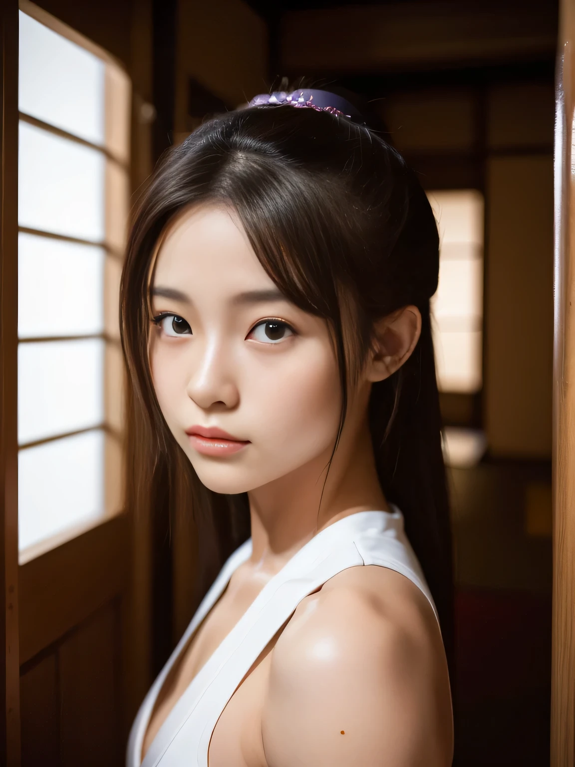 (Beautiful 13 year old Japan woman:1.4), ((she is a martial arts woman)), ((Battle Geisha Finely)), (highly detailed face:1.5), ((looks fun:0.4)), (logic:1.6), (stand in the doorway frame:1.2), (indoor bright light background), (8k, Hmm, Digital single-lens reflex camera, high quality, cinematic lighting, Bokeh), (dramatic, award winning photography, incredible masterpiece:1.3), super sexy pose, (sexy female fitness model body), masterpiece, focus on abdominal logics