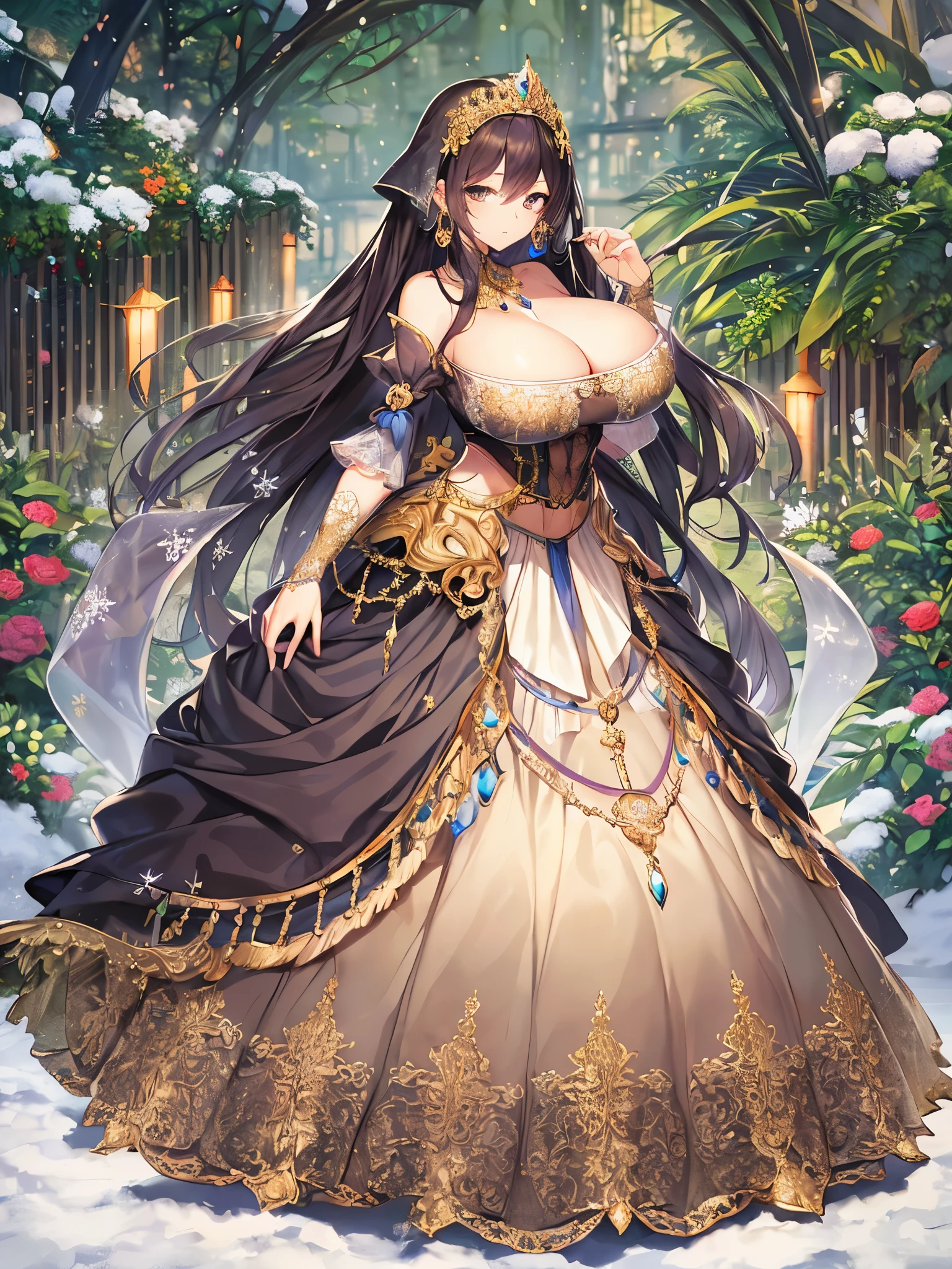 anime artstyle,Masterpiece,Best Quality,Super Detail,((Very Delicate and Beautiful)),(((1 princess in beautiful embroidery and jeweled gorgeous rococo ballgown with voluminous hoop skirt))),((Solo)),((winter garden with snow,sonw,sky)),((outdoor)),(((full body))),(very gigantic tits:1.5),((cleavage,gigantic tits,cleavage,sagging tits)),skindentation,((detailed face and eyes)),jewel-like eyes,((extremely voluminous straight Hair,Extremely Long Straight Hair)),((gorgeousfull embroidery and lace,beautiful embroidery and jeweled)),Gorgeous Gemstone Jewelry,gorgeous corsage,((gorgeous hair ornament,glitter jeweled gorgeous big tiara)),((full body)),((beautiful embroidery and jeweled gorgeous rococo ballgown with voluminous hoop skirt)),(crinoline),((winter garden with snow,sonw,snowflake,outdoor,sky)),Looking at viewer,dynamic angle,(beautiful embroidery and jeweled gorgeous rococo ballgown with voluminous hoop skirt:1.5),gorgeous rococo ballgown,(full body)