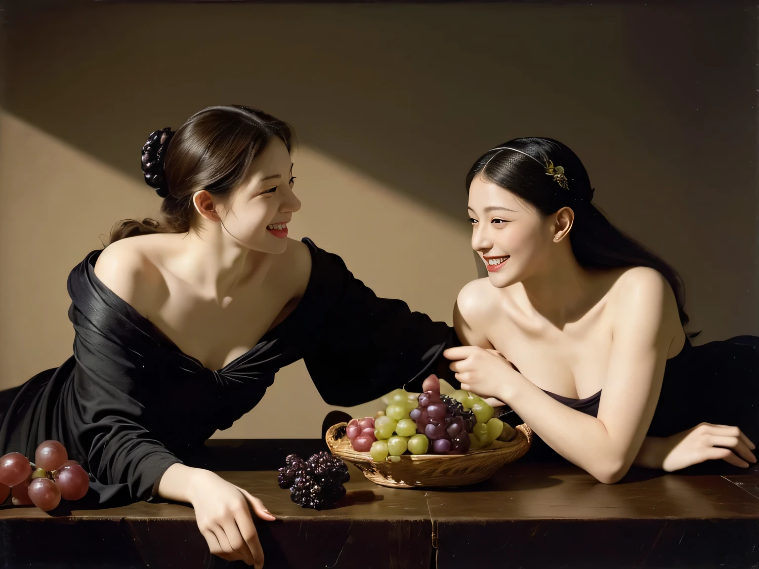 fruits,Grapes,Rosa,antique,A smile,,Sweet and seductive appearance.、Caravaggio's paintings、Chiaroscuro of Caravaggio,Two women frolicking,Cute smile, Expression of ecstasy