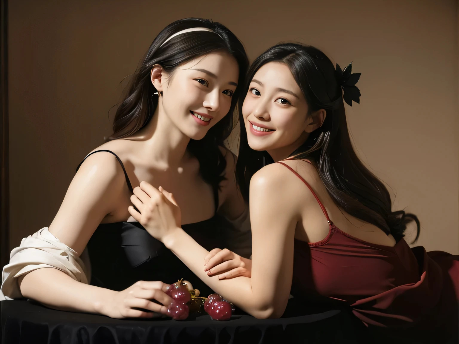 fruits,Grapes,Rosa,antique,A smile,,Sweet and seductive appearance.、Caravaggio's paintings、Chiaroscuro of Caravaggio,Two women frolicking,Cute smile, Expression of ecstasy