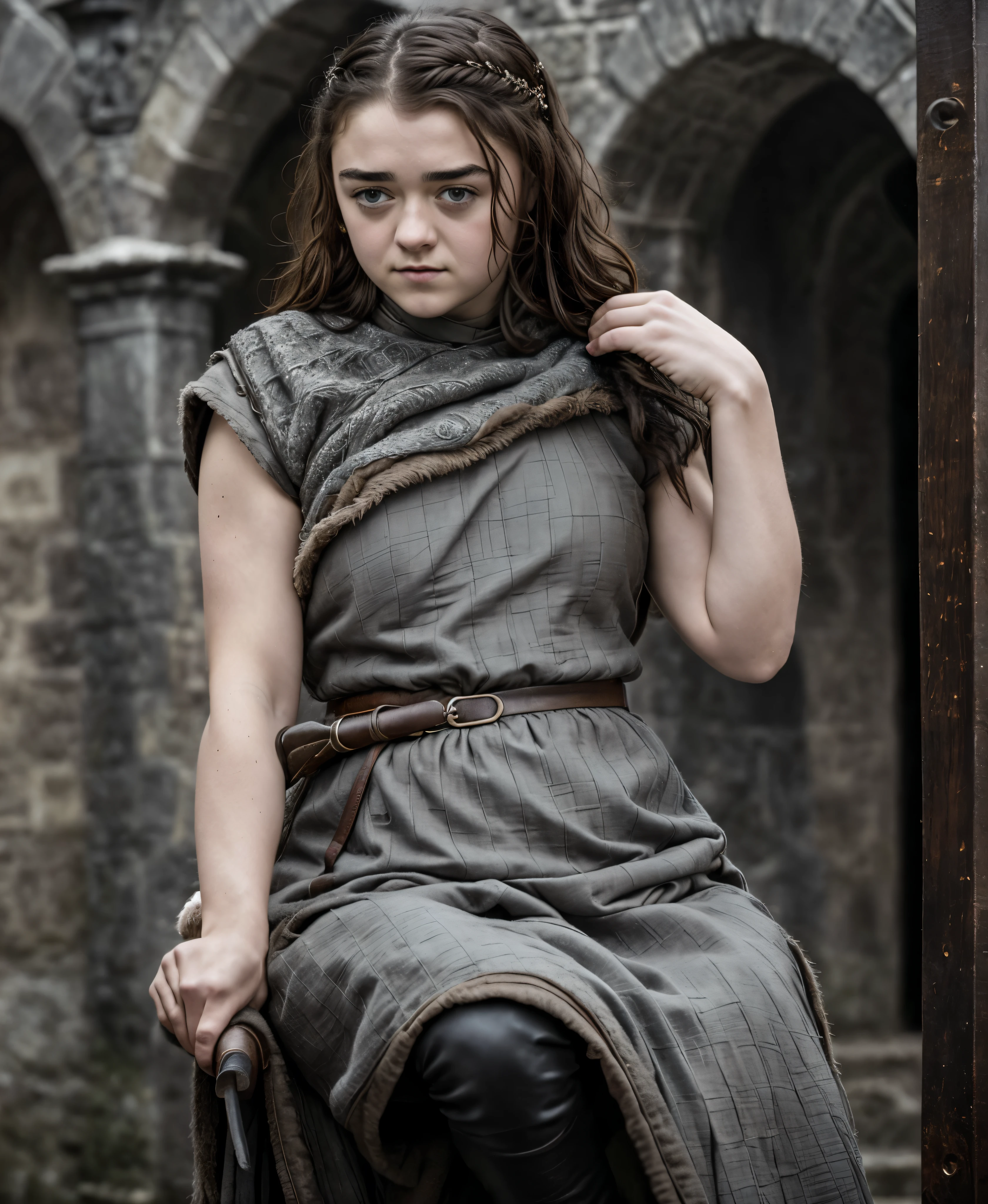 Foto RAW, RAW photograph of Maisie Williams, Arya Stark, Extremely gorgeous lady, Arya Stark PLAYED BY MAISIE WILLIAMS, Queen Arya Stark, she  a mature woman now, milf, sexy mediaeval battle dress, gladiator woman, body, 40 years old Woman, body revealing costumes, perky breast, skin pores, big natural breast, erotic costumes, lusty physique, seductive figure can capture every people's attention, Game of thrones costumes, revealing captivating figure, Mediaeval costumes, revealing clothes, A tomboy, she would rather fence than dance, warrior queen , game of thrones screen caps, Game of Thrones Series, (pele altamente detalhada: 1.2), 8k UHD, DSLR, soft-lighting, alta qualidade, grain of film, Fujifilm XT3, flawless picture, highly detailed, detailed Beauty, intricate, 32k, sharp picture,