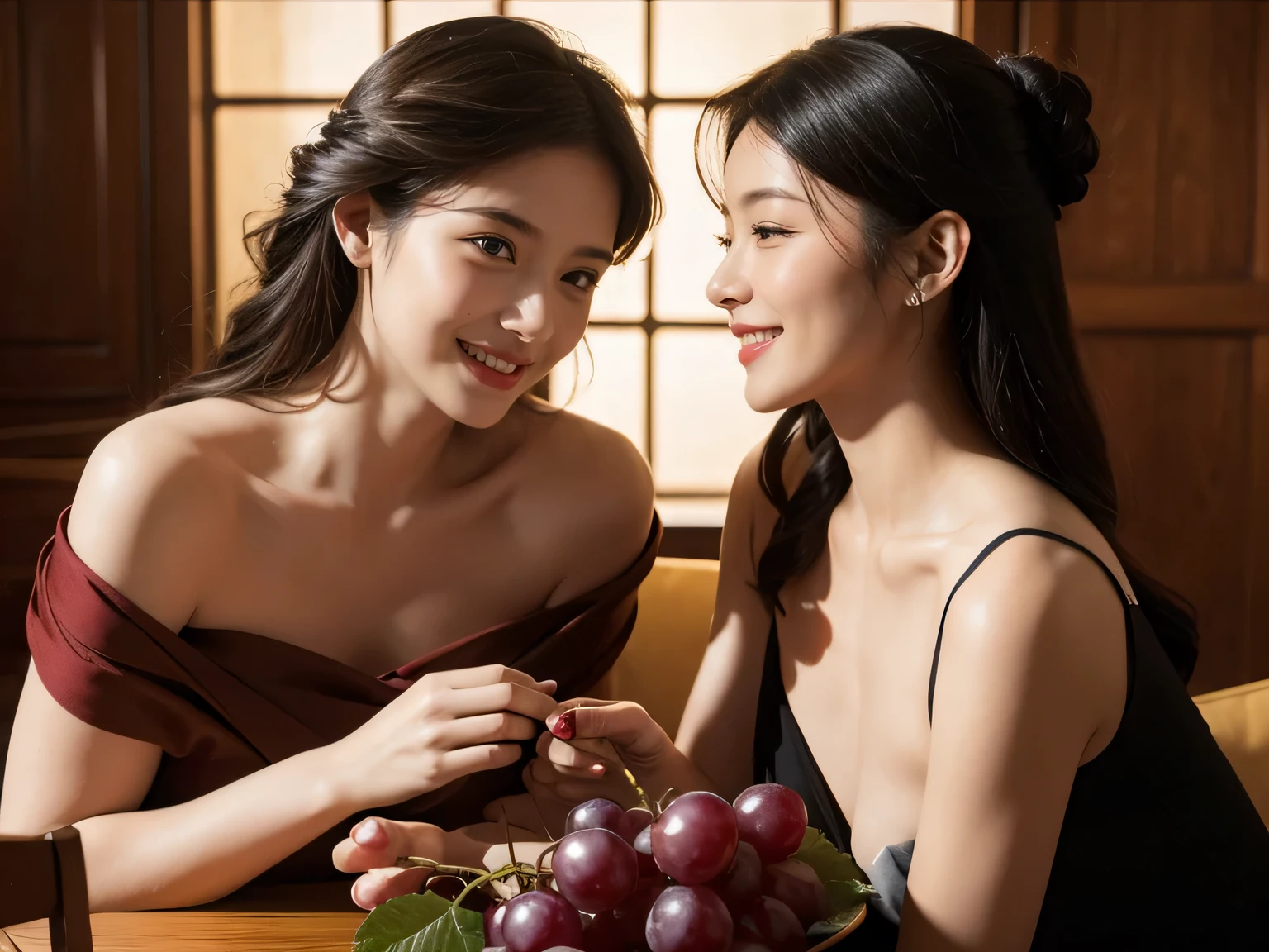 fruits,Grapes,Rosa,antique,A smile,,Sweet and seductive appearance.、Caravaggio's paintings、Chiaroscuro of Caravaggio,Two women frolicking,Cute smile, Expression of ecstasy