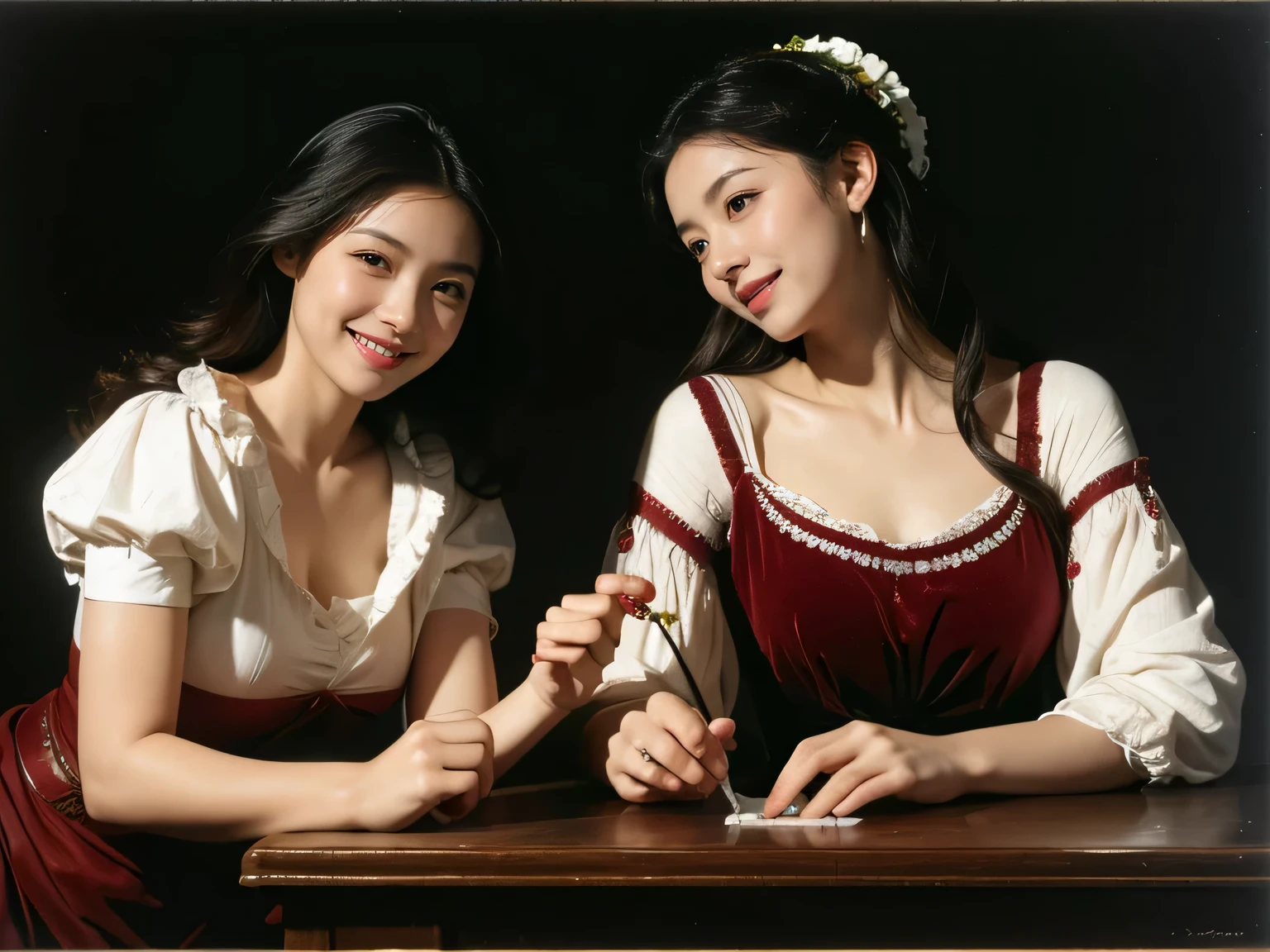 fruits,Grapes,Rosa,antique,A smile,,Sweet and seductive appearance.、Caravaggio's paintings、Chiaroscuro of Caravaggio,Two women frolicking,Cute smile, Expression of ecstasy