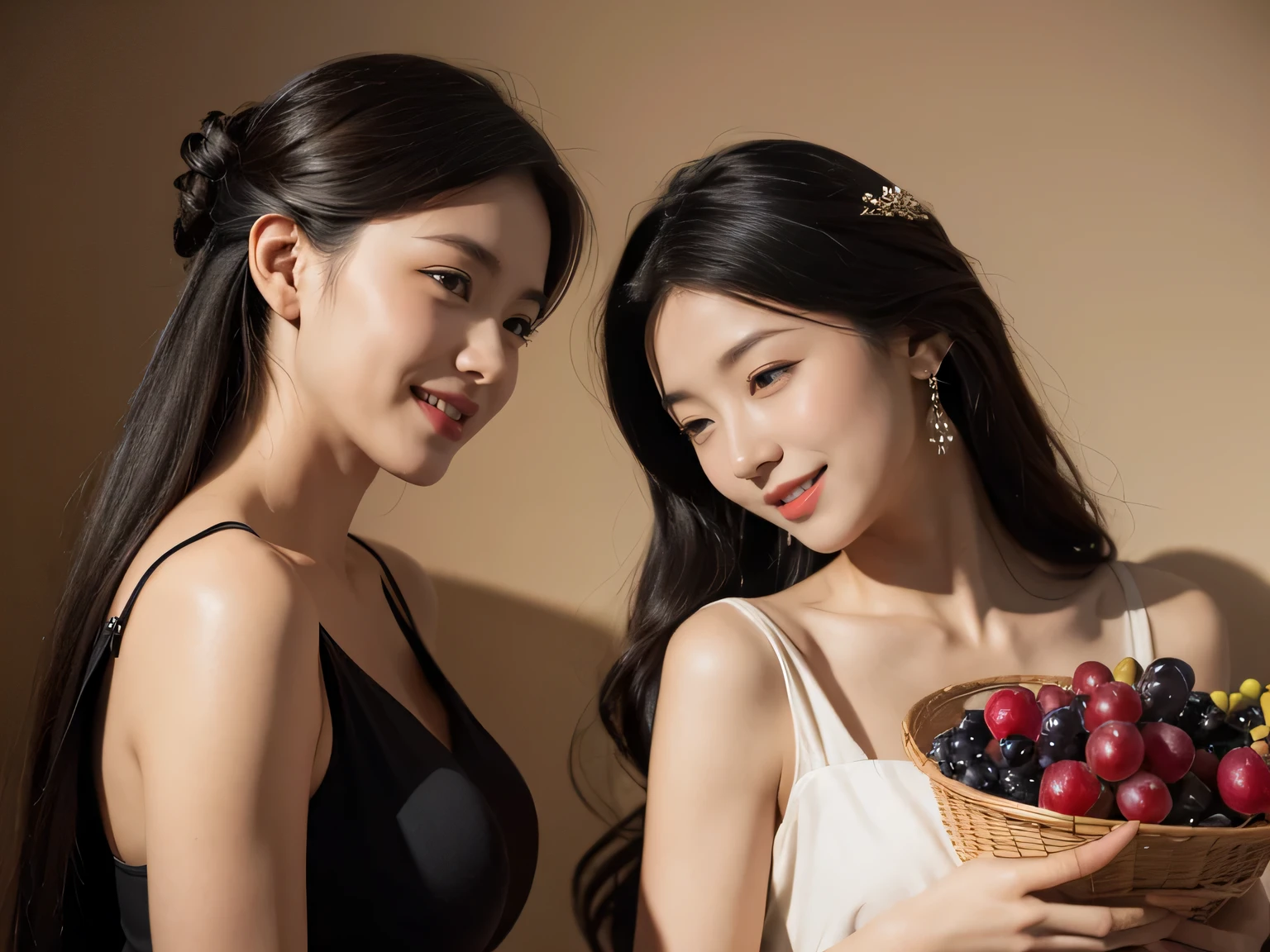 fruits,Grapes,Rosa,antique,A smile,,Sweet and seductive appearance.、Caravaggio's paintings、Chiaroscuro of Caravaggio,Two women frolicking,Cute smile, Expression of ecstasy