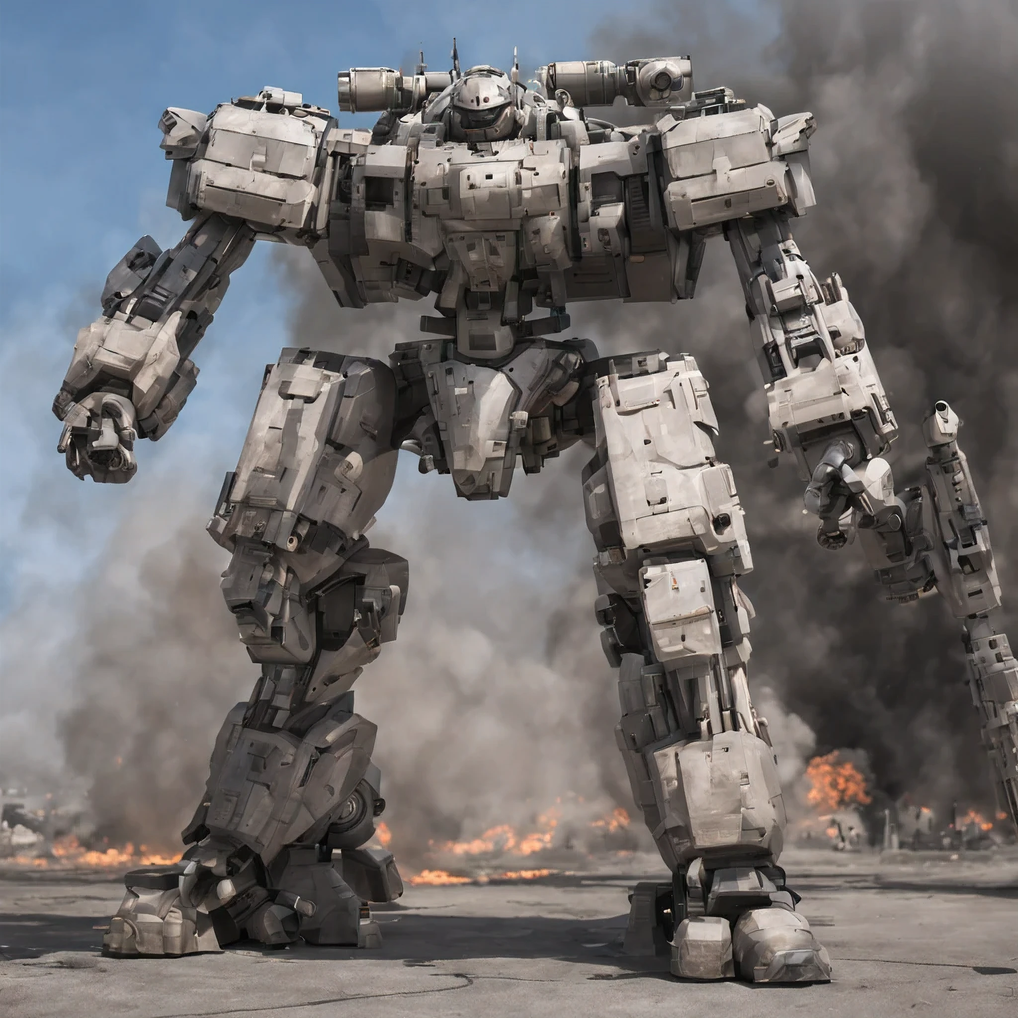 A giant robot is standing, thick legs, rifle, missile pod, machine gun, Huge cannon, very detailed, battlefield, fire, cigarette, explosion, armored core style,