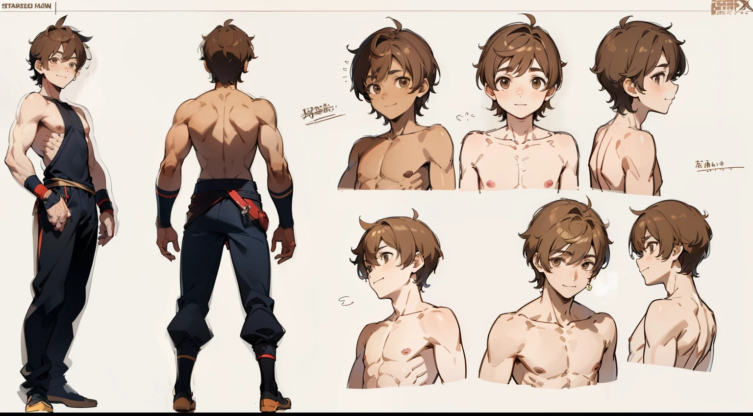 ((masterpiece)),(((best quality))),(character design sheet,same character,front,side,back), Reference sheet of a cute boy,shota, short brown hair, brown eyes, smiling, shirtless , tpose,turntable character,nude