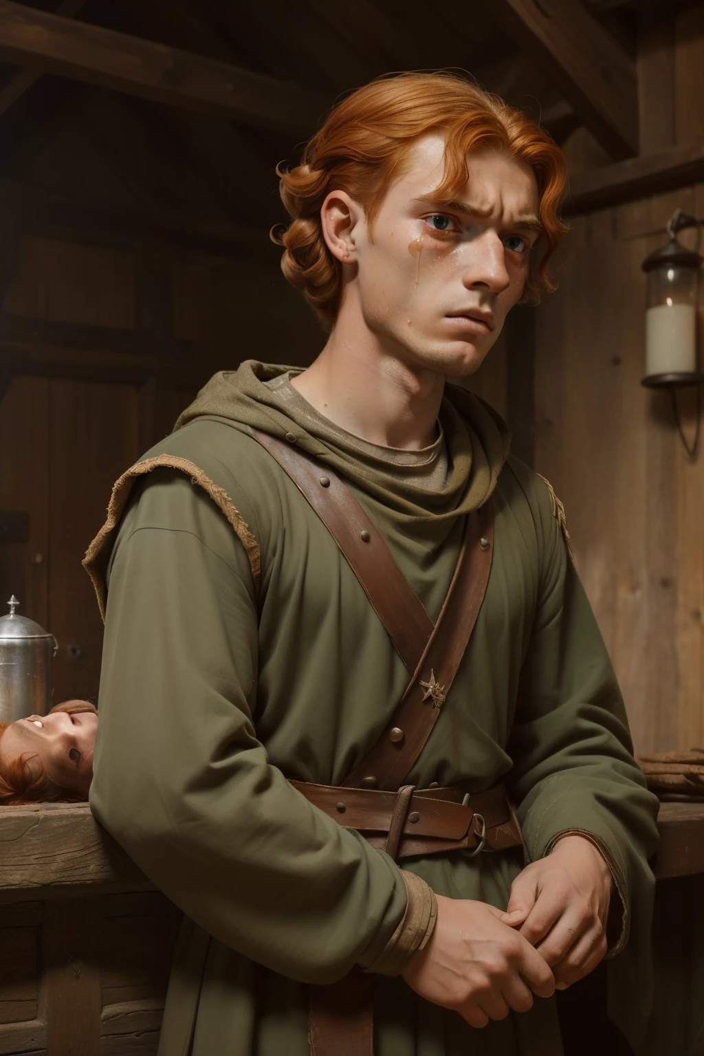 England, 1337. A young ((((-yeld)) fric)), rustic man, strong, angular features, serious, kind, indoors, staring at a tragic disaster in ((shock and horror expression)), ((crying big tears)). ((((clothings from the 1300s)))), ((ginger hairstyle of the 1300s))