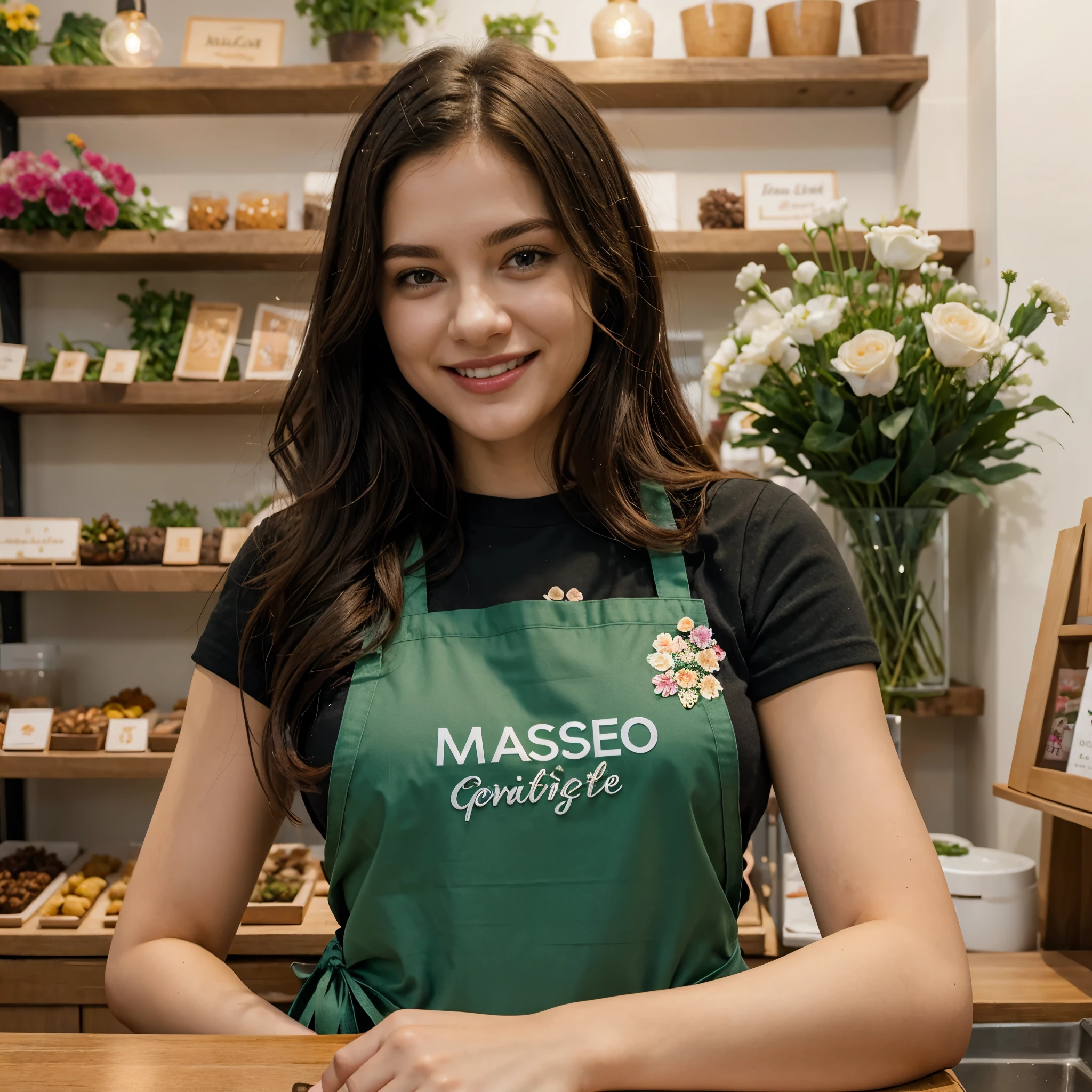 (masterpiece, best quality:1.2), 1 lady only, /(staff/) /(Dark green apron/), /(dark hair/) long curly hair, Blushing kind smile, (Masterpiece best quality:1.2) Exquisite illustrations and super detailed, C Cup /(flower shop/)