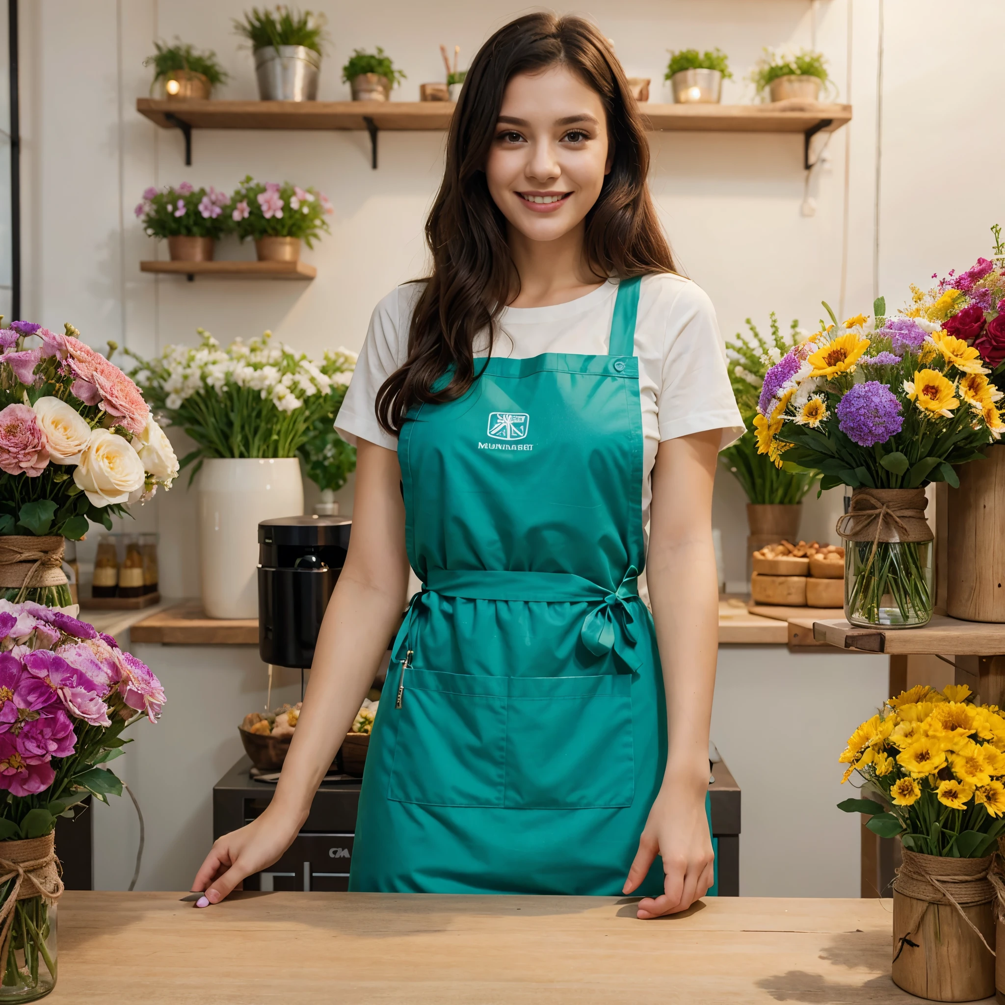 (masterpiece, best quality:1.2), 1 lady only, /(staff/) /(Dark green apron/), /(dark hair/) long curly hair, Blushing kind smile, (Masterpiece best quality:1.2) Exquisite illustrations and super detailed, C Cup /(flower shop/)