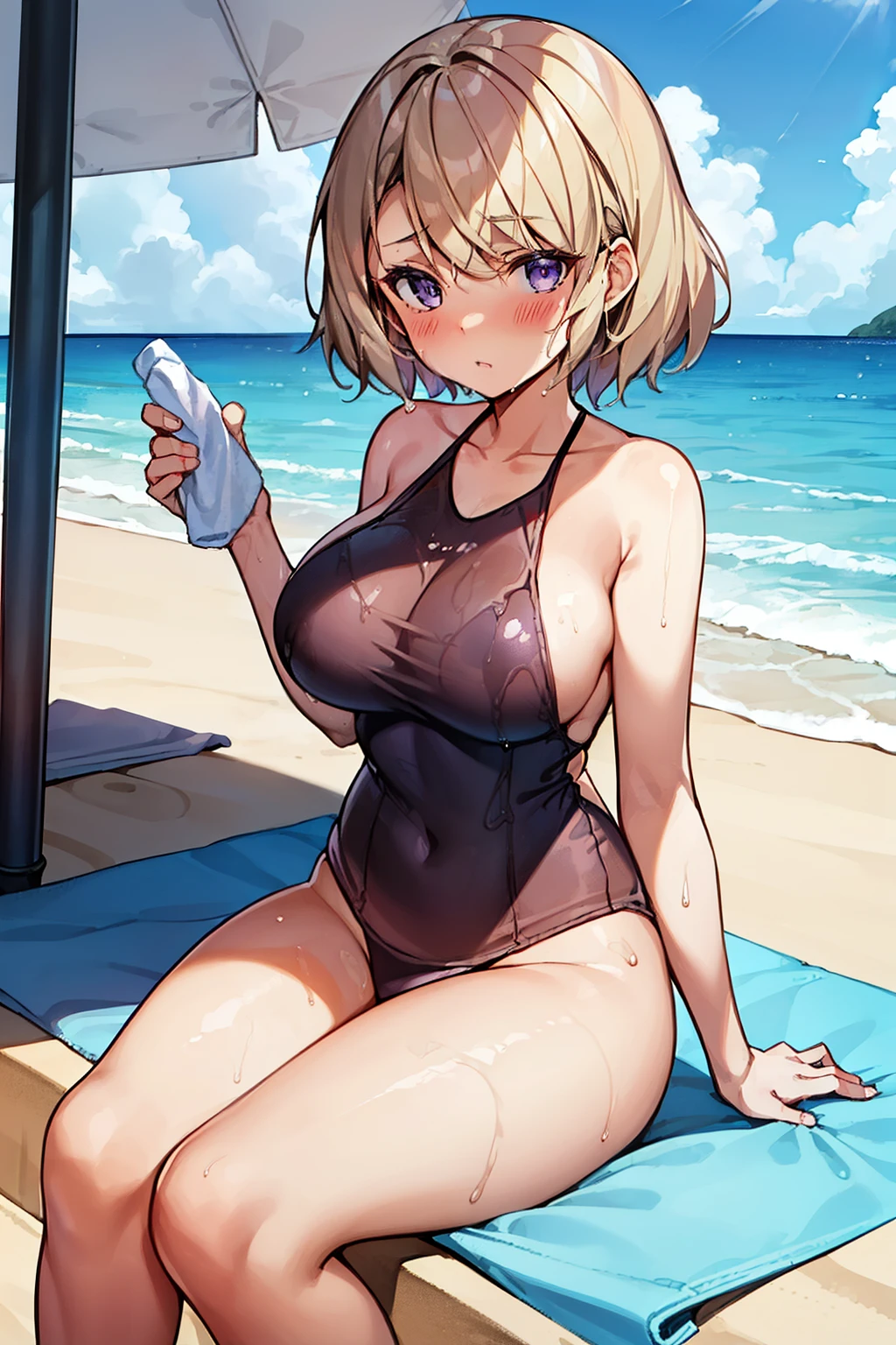 woman, short_hair, blush, bangs, bow, blue_eyes, blonde_hair, purple_eyes, medium_breasts, hair_between_eyes, swimsuit, one-piece-swimsuit, wet, dripping, towel, sitting, sitting on towel, beach