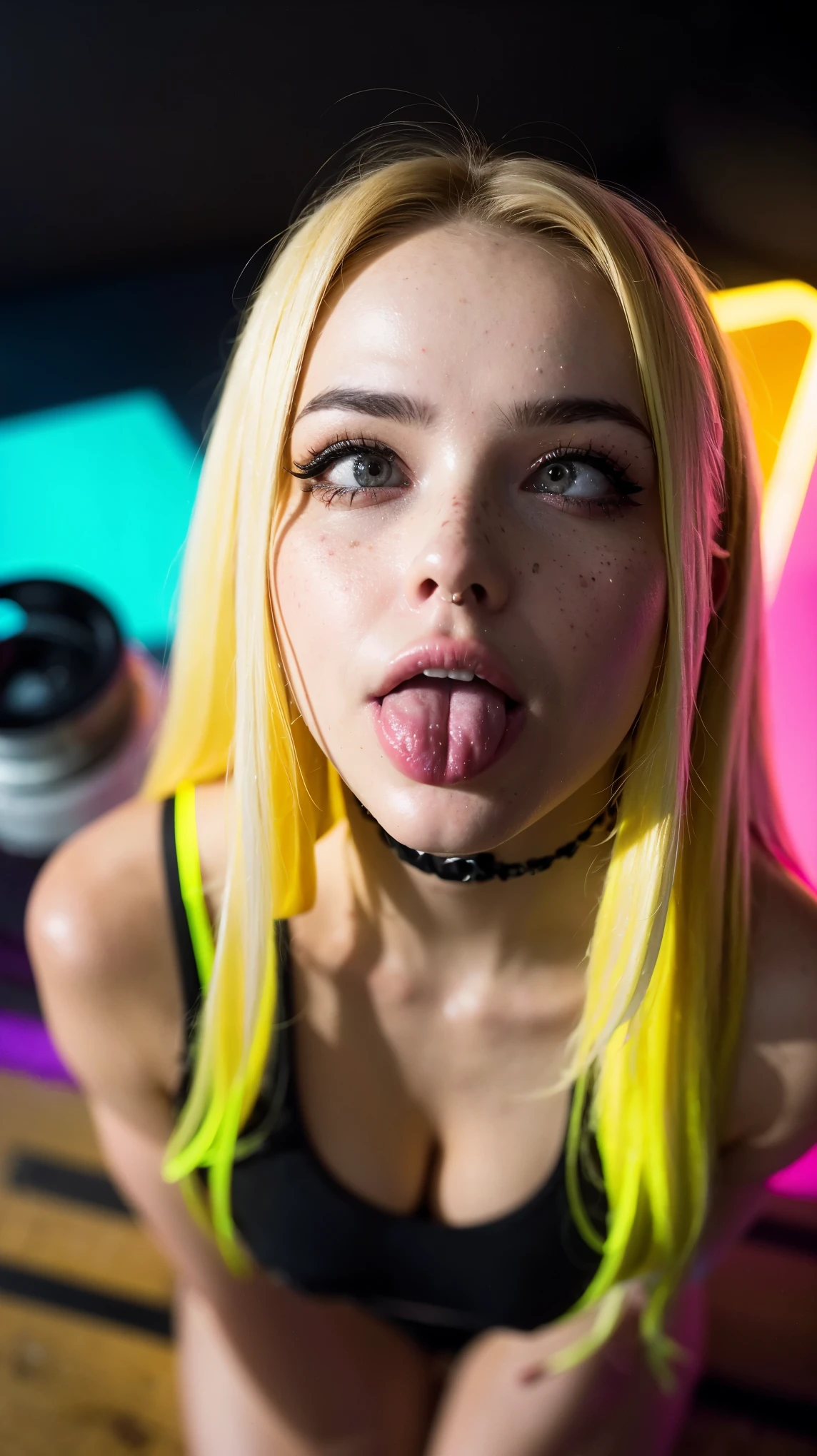 (ultra realistic),Photo, high quality, аналоговая Photoграфия Ahegao , (low lighting), (neon atmosphere) light background ,portrait of a girl, Ahegao, blonde,chölka, view from above, detailed eyes,