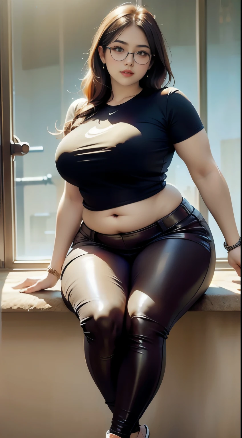 araffe woman in red leather pants and black t-shirt sitting on a window sill, thicc, alluring plus sized model, thick body, hyperrealistic full figure, bbwchan, she has a jiggly fat round belly, beautiful thick female, , curvy model, some red, heavy looking, , skinny waist and thick hips, view full body , cold atmosphere , smooth vibes, high contrast, nike sneakers , chubby , glasses