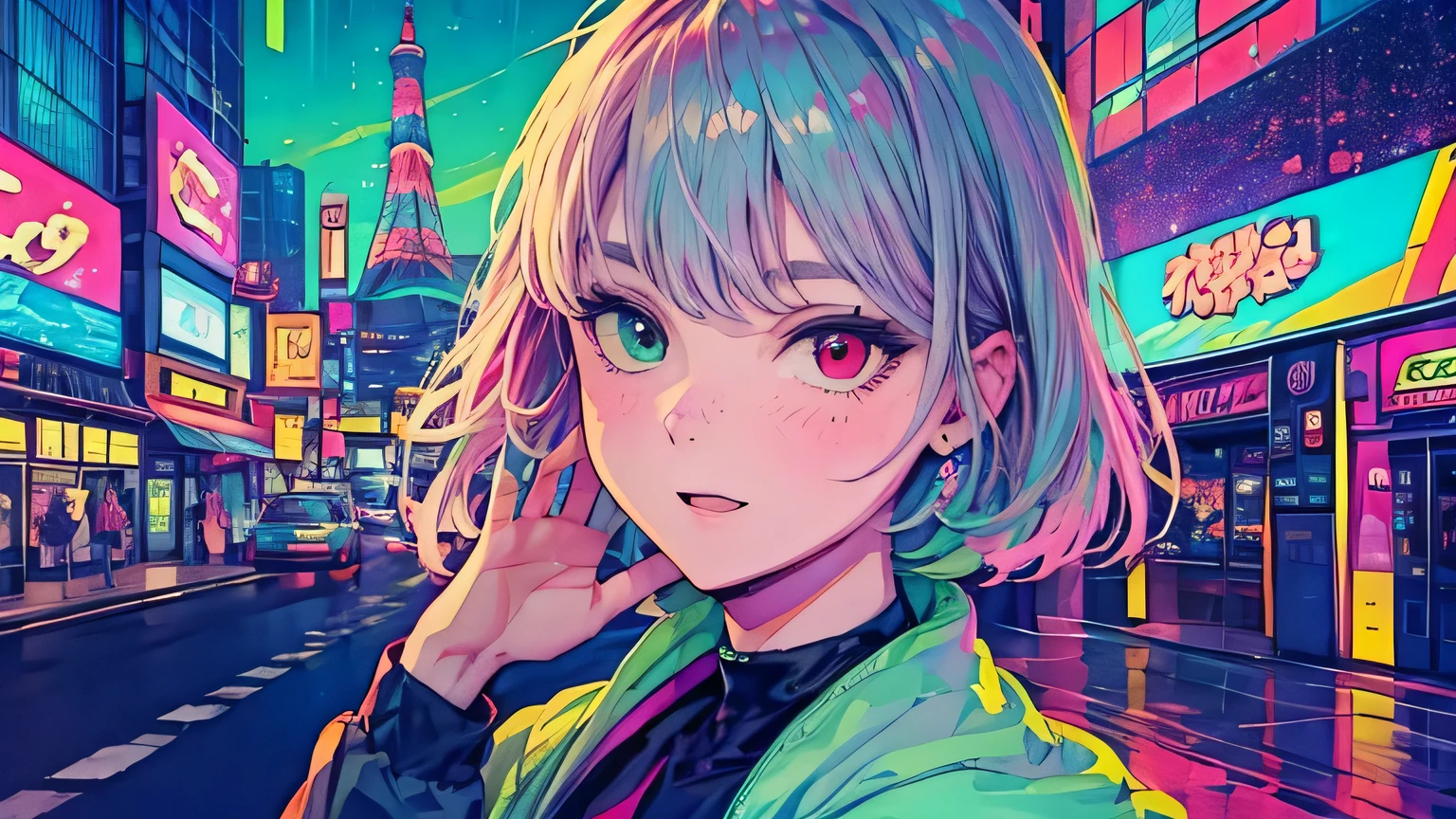 best quality, 4K wallpaper, masterpiece, extremely detailed CG unity 8k wallpaper, extremely detailed eyes, ultra-detailed, intricate details, face close up 1 happy smile shy girl in center, heterochromia, retro art style, neon pop abstract art style, public, highway road, lake, mountain, car, london eyes, tokyo tower.