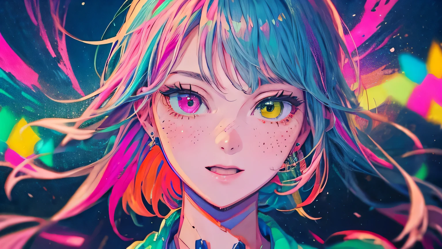 best quality, 4K wallpaper, masterpiece, extremely detailed CG unity 8k wallpaper, extremely detailed eyes, ultra-detailed, intricate details, face close up 1 happy smile shy girl in center, heterochromia, retro art style, neon pop abstract art style, public, highway road, lake, mountain, car, london eyes, tokyo tower.