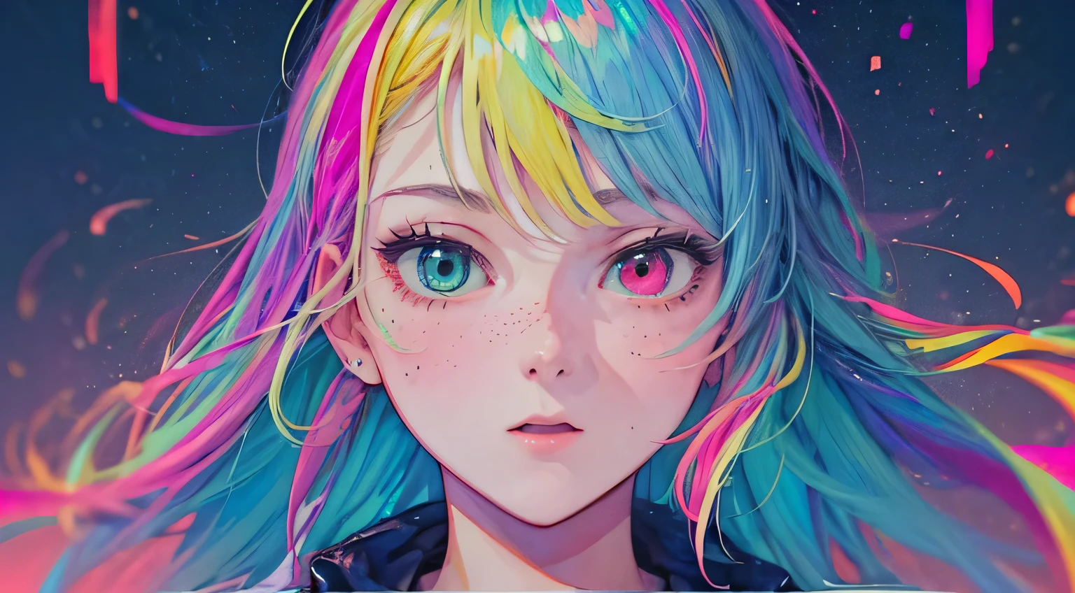 {{masterpiece}}, best quality, cinematic lighting, lens flare, medium breasts, beautiful detail eyes, multicolor hair, colorful retro light particles, heterochromia, (colorful:1.5), (colorful hair:1.5),