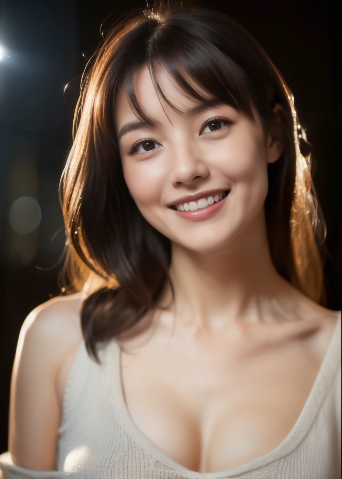 Beautiful 36 years old woman。she is wearing a camisole。She looks ecstatic as if she had an during sex..。 dark brown hair。High resolution、masterpiece、highest quality、Head w:1.0、((Hasselblad Photos))、fine skin、fine knit、(movie lighting)、clavicle . she is smiling.
