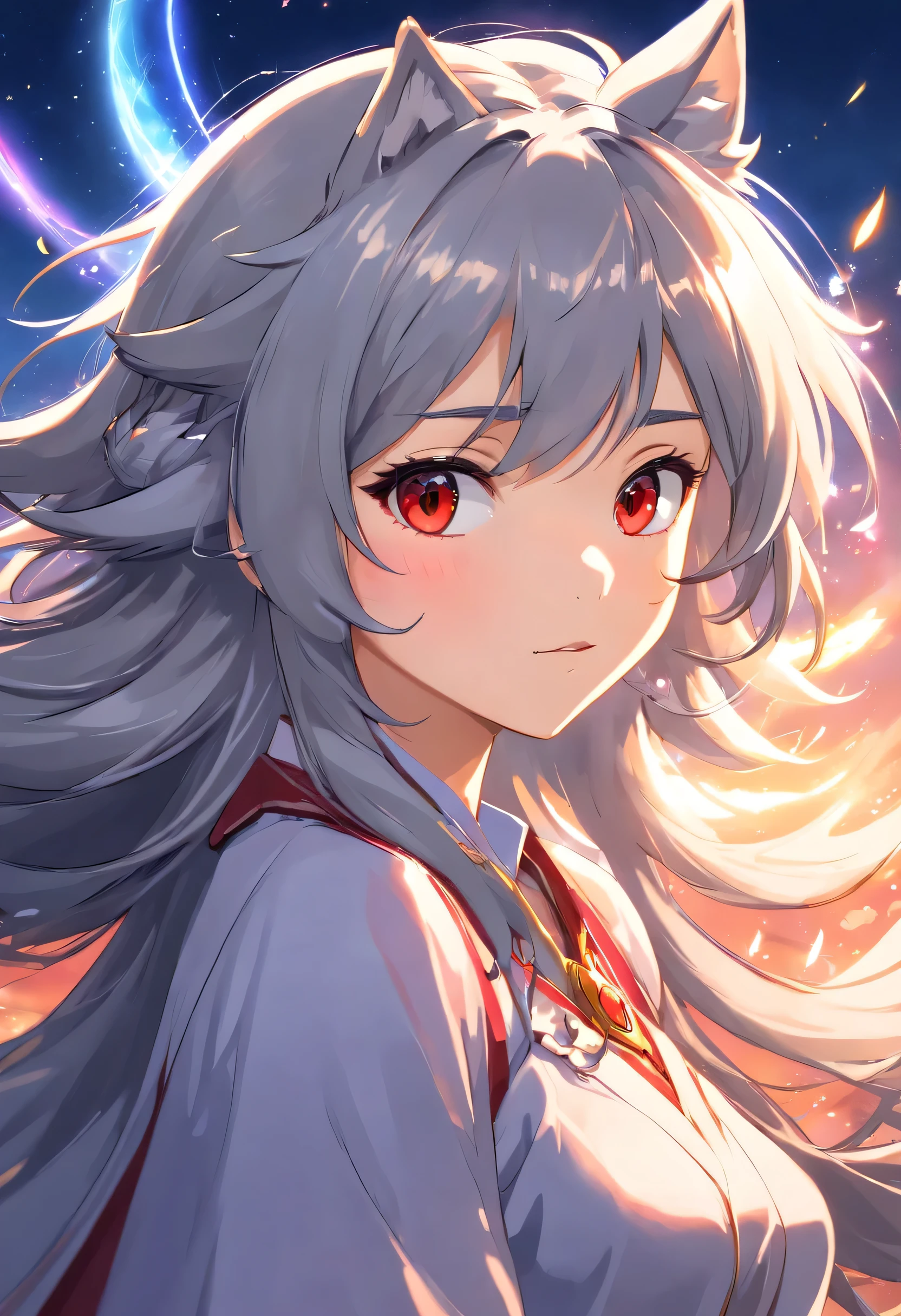 (high quality), (extremely detailed CG unity 16k wallpaper:1.1), (Denoising strength: 1.45), (tmasterpiece:1.37), (super delicate), (extremely delicate and beautiful), (dynamic angle), black highlights, fluttered detailed ink splashs, (legendary wolf Empress:1.3), (1 girl), upper body, full moon, chinese dress, fairy, delicate face, (complex details), (beautiful and delicate eyes), golden eyes, Grey hair, messy floating hair, disheveled hair, focus, perfect hands, eyeshadow, red eyeliner, (fantasy style), (illustration), god rays, sparkle, glowing light, (masterpiece)