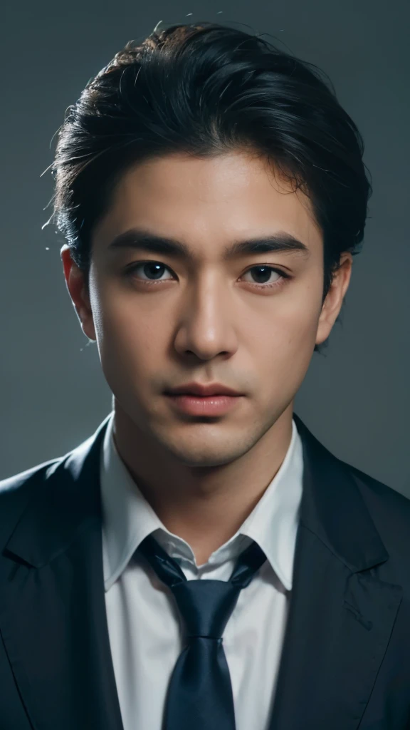 (Highly detailed CG Unity 8K wallpaper, highest quality, super detailed, look at the camera:1.2, light shines on your face:1.5, professional lighting),{{{Middle-aged male}}}, 42 years old, Japanese nationality, soft lighting on face, upper body shot, realistic high-resolution image. Hair: slightly wavy, salt-and-pepper black, neatly styled. Face: oval contour, gentle arched brows, deep-set eyes, straight nose, medium-full lips. Outfit: crisp white dress shirt, navy blue blazer, subtle pinstripe pattern, top button undone, no tie. Imperfections: a subtle scar on left cheek, crow's feet at eyes