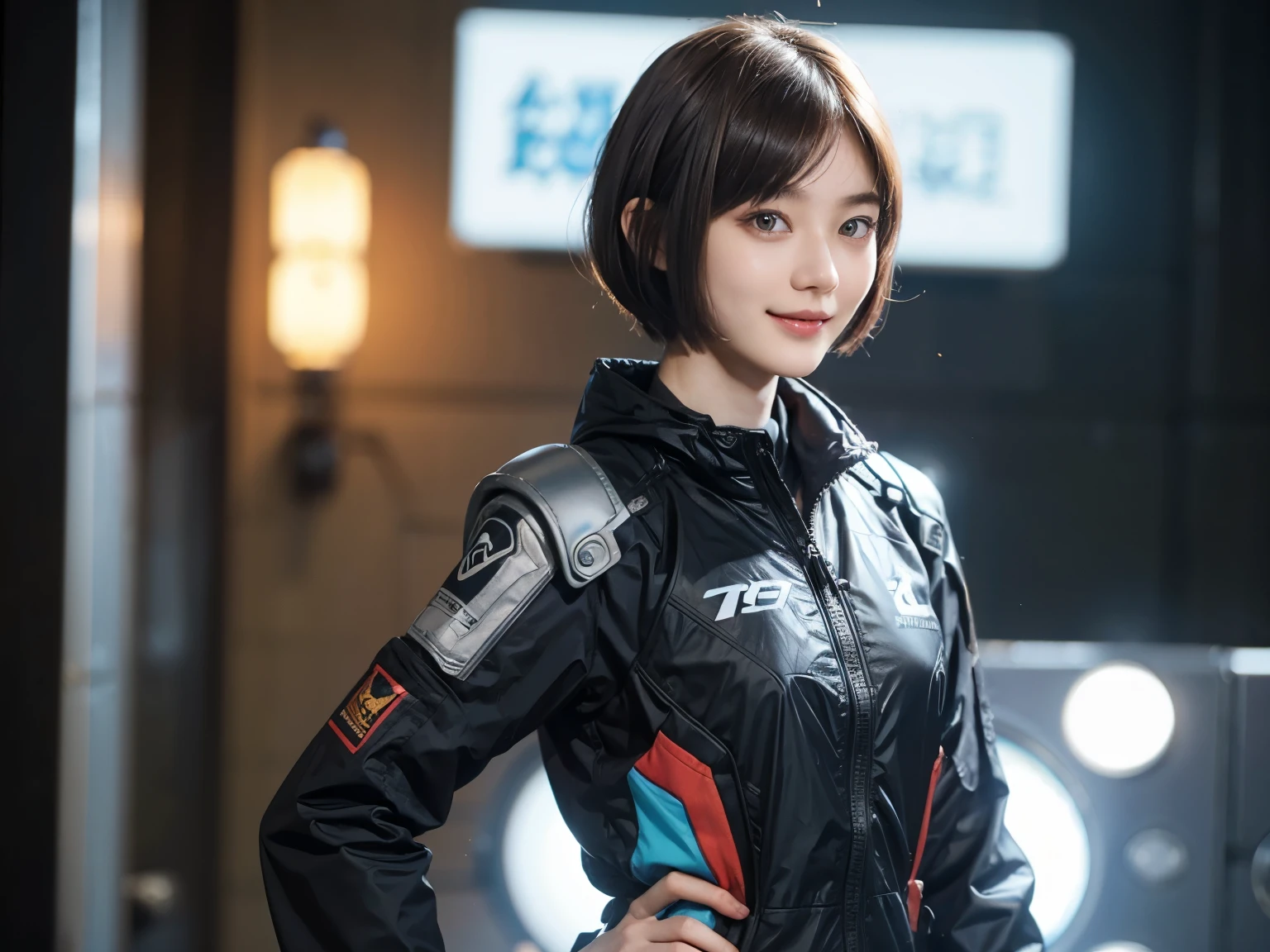 162
Shorthair, (a 20 yo woman, standing), A hyper-realistic, gentle smile, sci-fi cool suit, (口紅)