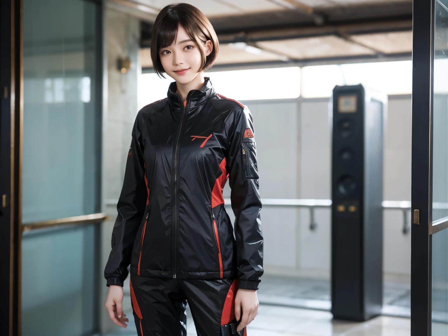 162
Shorthair, (a 20 yo woman, standing), A hyper-realistic, gentle smile, sci-fi cool suit, (口紅)