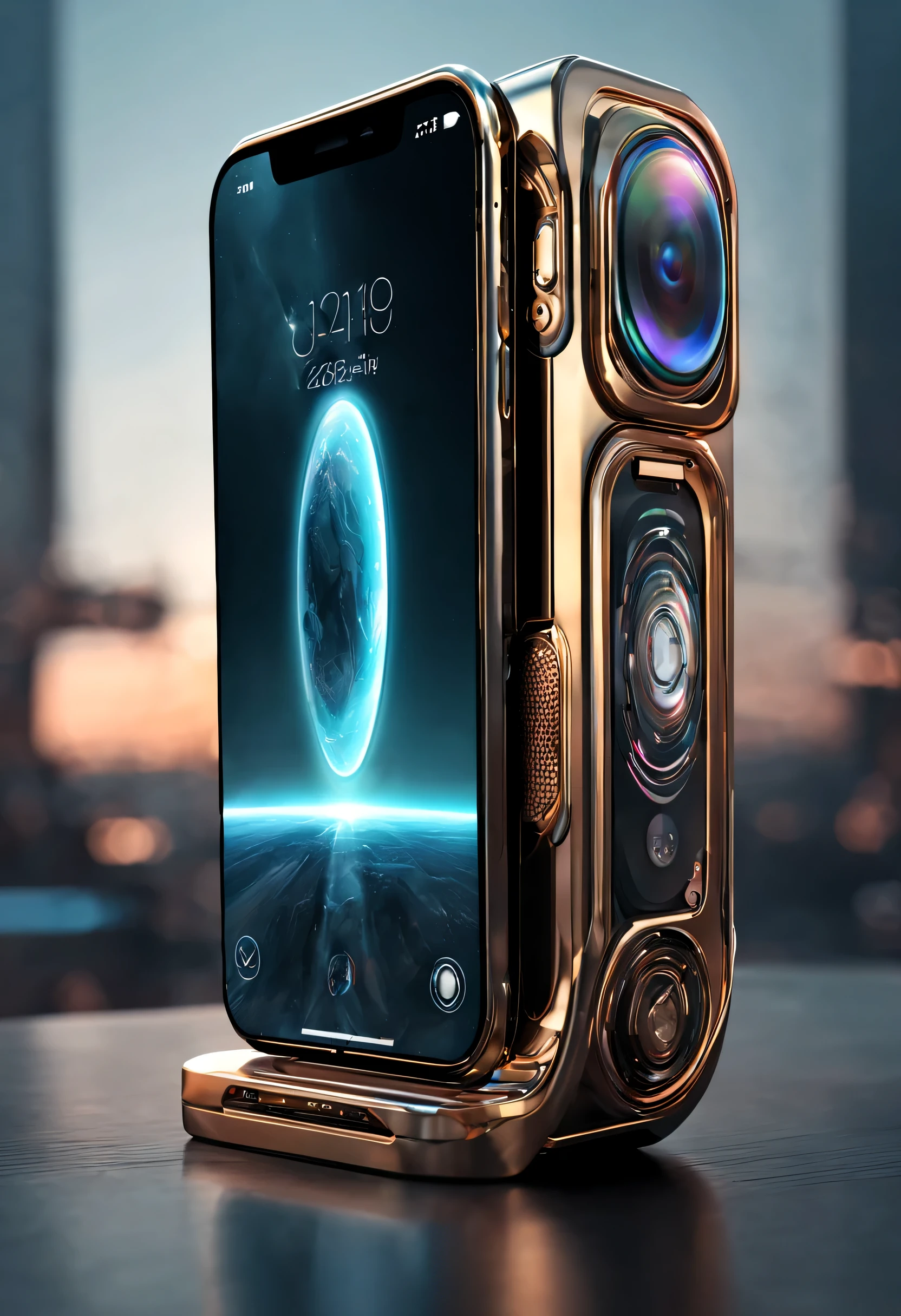Create an artistic-realistic style image of a futuristic iPhone, 20 years in the future, mirando hacia arriba, On the sides of the iPhone you should NOT see any power or volume buttons., make it project your screen and icons holographically