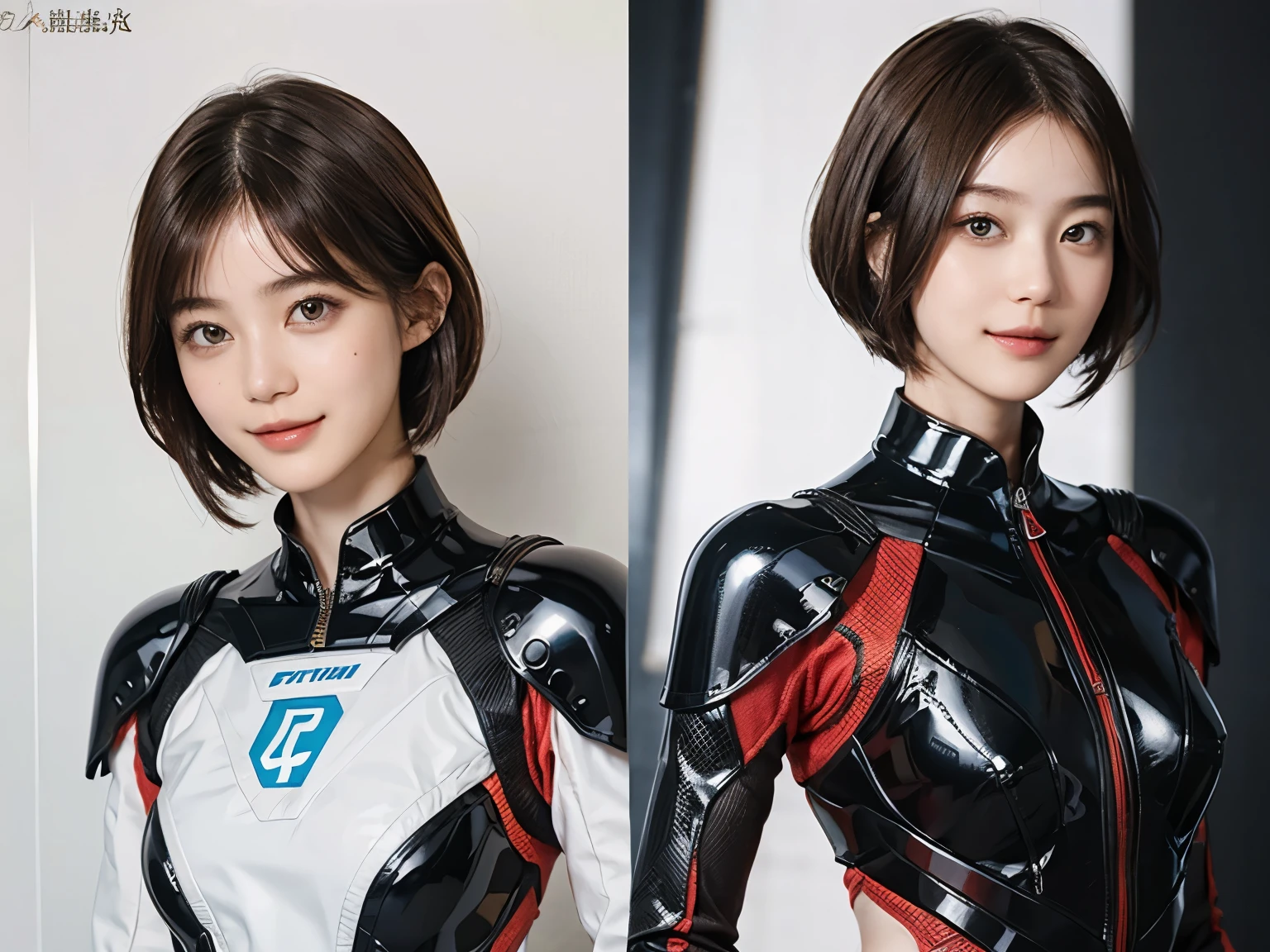 162
Shorthair,  (a 20 yo woman, standing), A hyper-realistic, gentle smile, sci-fi cool suit, (口紅)
