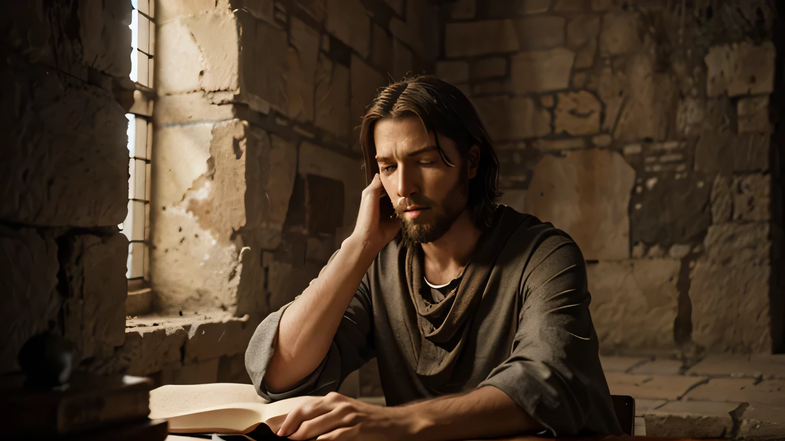 The Apostle John with short hair from the Bible during the days of Jesus praying.