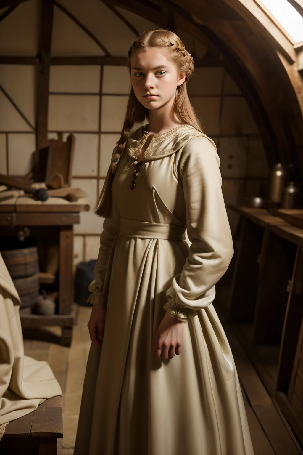 England, 1337. A young ((((20-year-old)) Caris Wooler)), attractive, expressive eyes, inside a dome workshop, ((angry expression)). ((((clothings from the 1300s, gown)))), ((light chestnut hairstyle of the 1300s))
