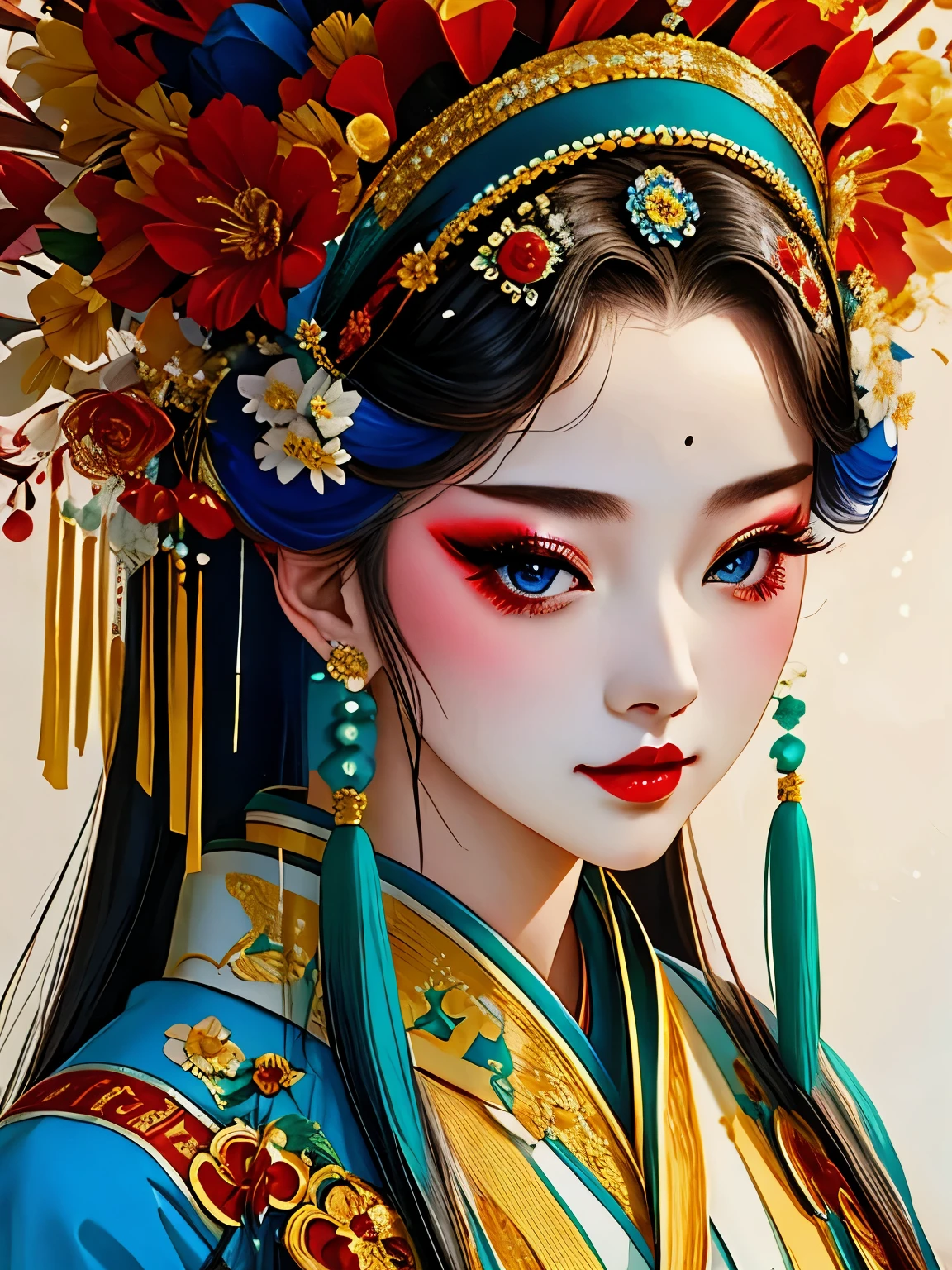 (masterpiece, best quality:1.2),1 girl,beautiful，portrait，Look at the camera，landscape on hair，bouquet of flowers，landscape，Hanfu，Skin details， alone，Chinese Peking Opera，gorgeous costumes，Exquisite headdress，flower headdress，tassel，pearl，clean background，blue，red，green