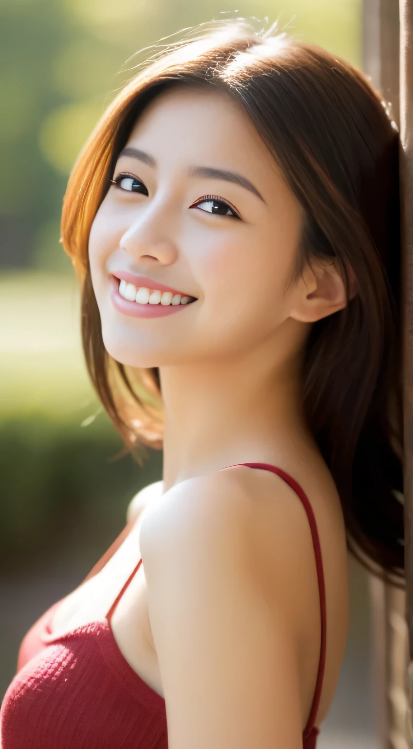 Japanese ),((beautiful girl)),cleavage,An expression that imagines something pleasant:1.2,(perfect body beauty:1.2),((perfect body)),(shy smile),beautiful teeth,