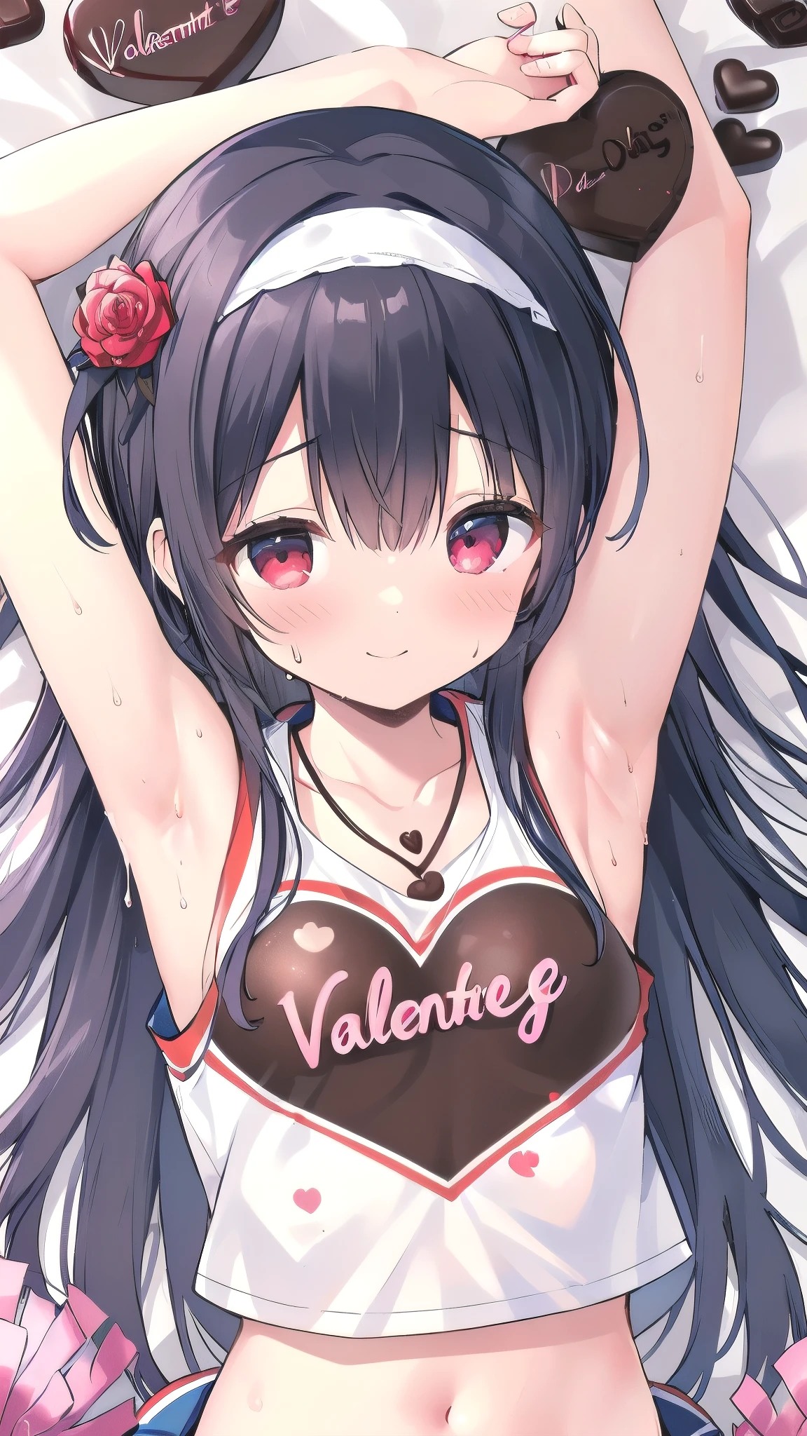 Very cute short girl, adolescent, (small girl,side , side pits, nipples peek, sweat drips armpits), (valentine chocolate flowing on her armpits:1.5), (short height, small girl), (masterpiece, realistic, best quality:1), light, (detailed face, detailed eyes, detailed hair:1.1), ultra detailed, 8k, intricate details, 1girl, solo, anime, looking at viewer, (cheerleader uniform, sweating profusely:1.3) cute flower headband, wearing rose necklace under the collarbone, detailed face, (red ruby eyes, very detailed eyes), very long black hair, elegant, shy smile to viewer, eyes blinking at viewer, (sleeping on bed in missionary position:1.2)